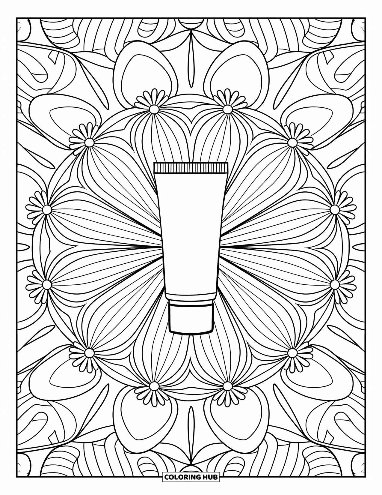 Huidverzorging Kleurplaat voor Volwassenen: Madeliefjes- en bladpatronen stralen rond een tube zonnebrandcrème in een kalme mandala