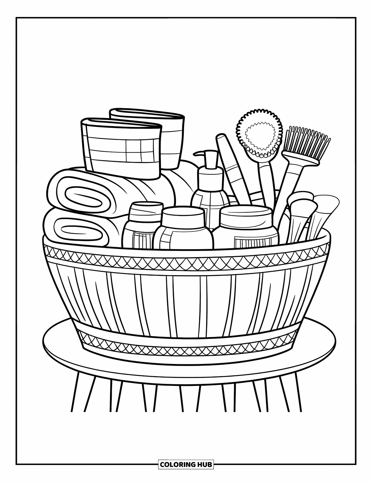 Huidverzorging Kleurplaat voor Kinderen: Een mand met handdoeken, potten en borstels staat netjes op een houten standaard
