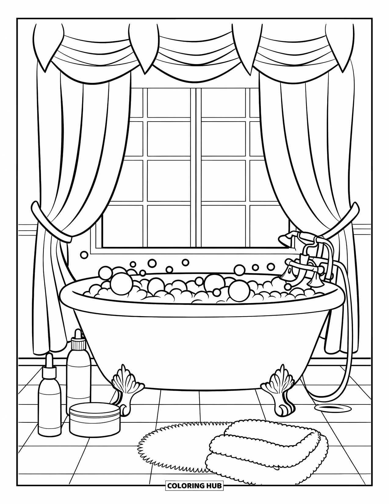 Huidverzorging Kleurplaat voor Kinderen: Een bruisende badscène met huidverzorgingsflesjes en een zachte handdoek in de buurt