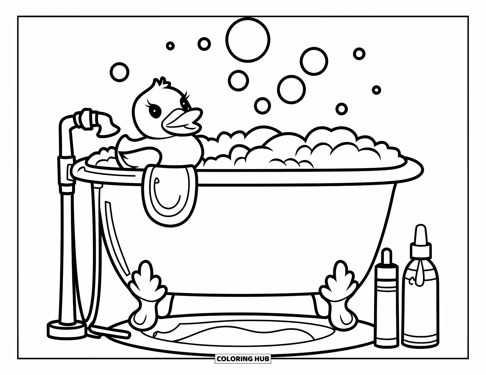 Huidverzorging Kleurplaat voor Kinderen: Een bruisend bad met een rubberen eend en huidverzorgingsflesjes ernaast