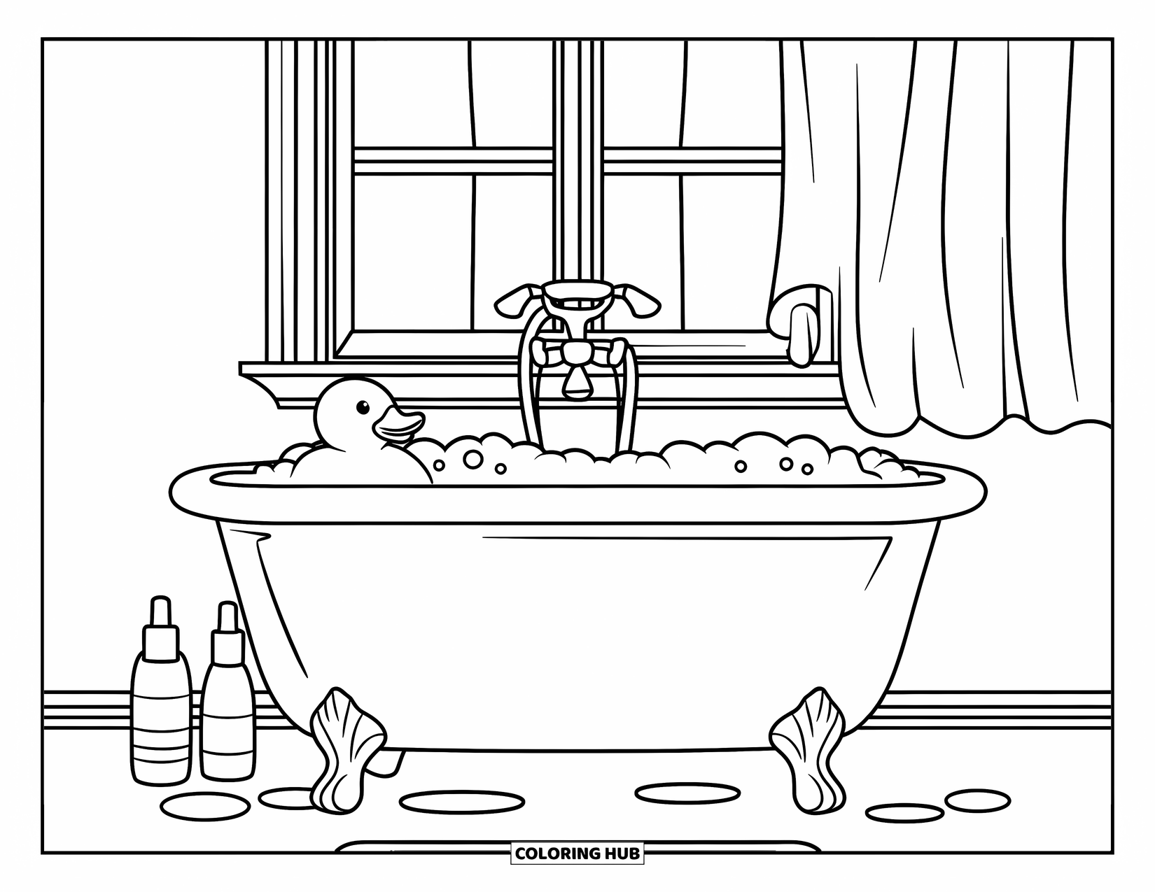 Huidverzorging Kleurplaat voor Kinderen: Een vrolijke badscène met rubberen eend, flesjes en een raam met gordijnen