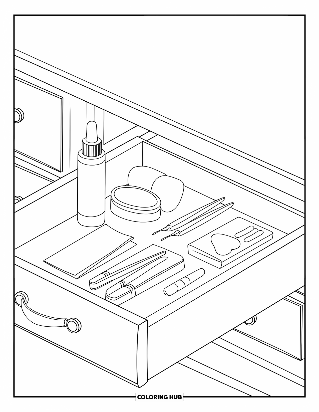 Huidverzorging Kleurplaat voor Kinderen: Een schone lade met huidverzorging, pincetten en een klein boekje op hout