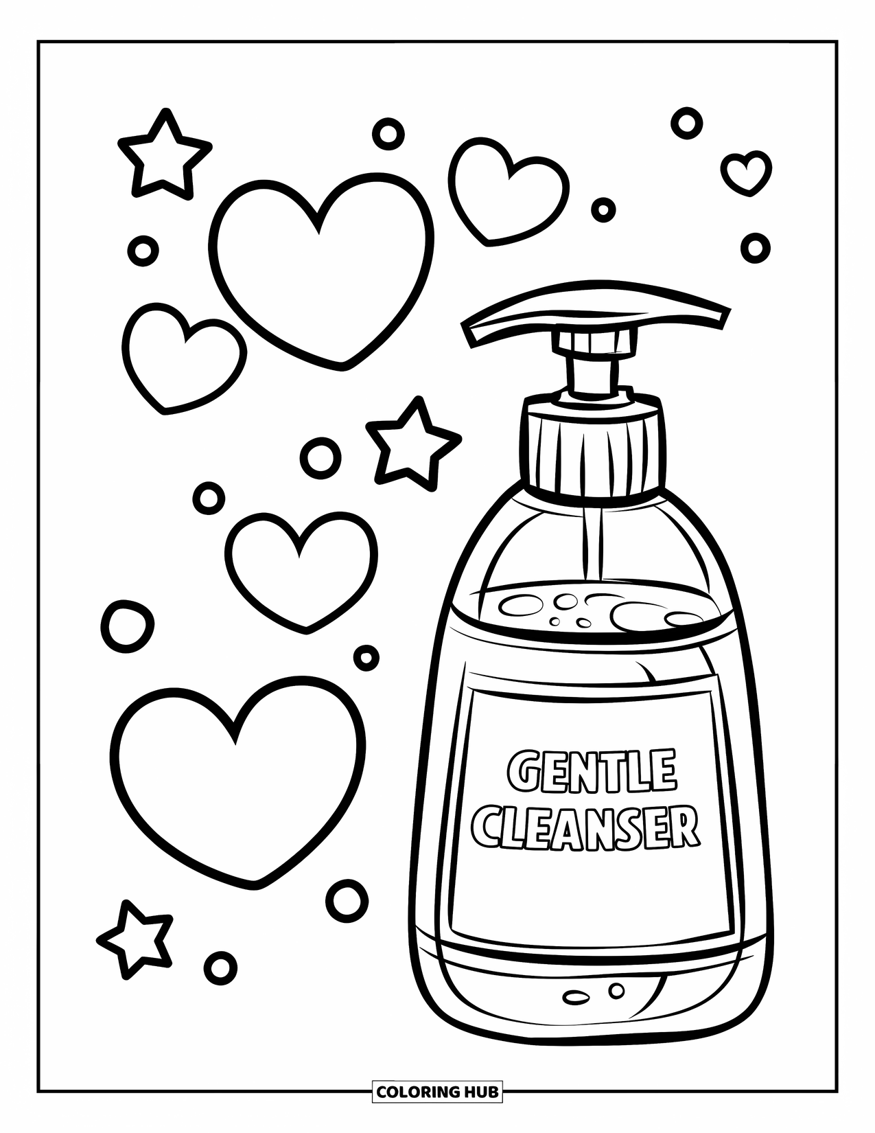 Huidverzorging Kleurplaat voor Kinderen: Een reinigingsfles zweeft met harten, sterren en vrolijke bubbels