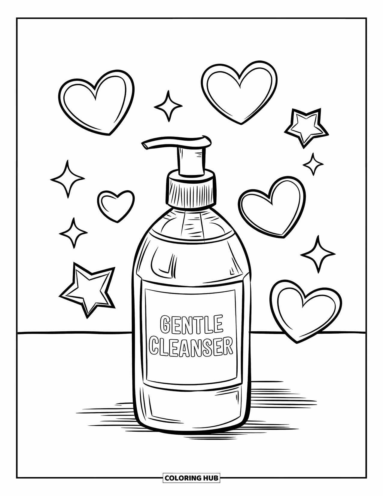 Huidverzorging Kleurplaat voor Kinderen: Een reinigingsfles omgeven door zwevende sterren en harten op een schone achtergrond