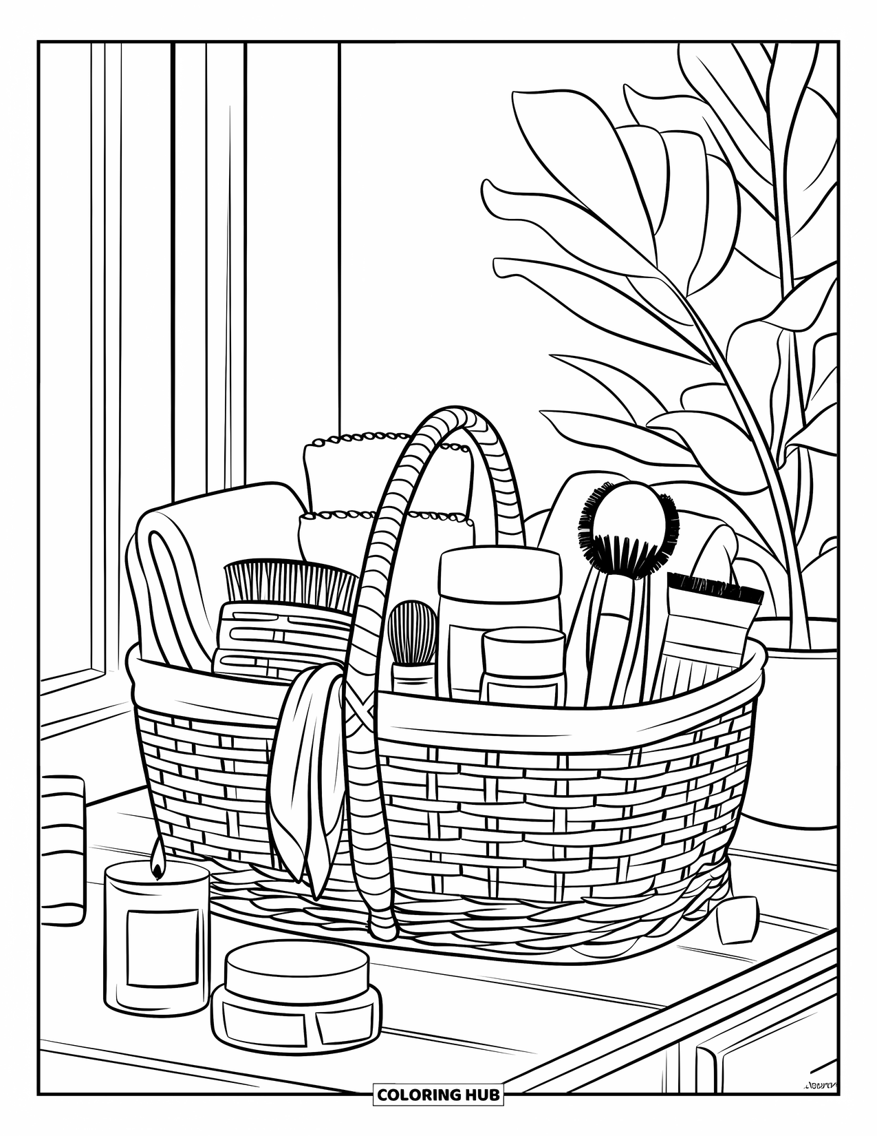 Huidverzorging Kleurplaat voor Kinderen: Een gezellige mand met handdoeken, potten en extra's zoals zeep en een kaars in de buurt