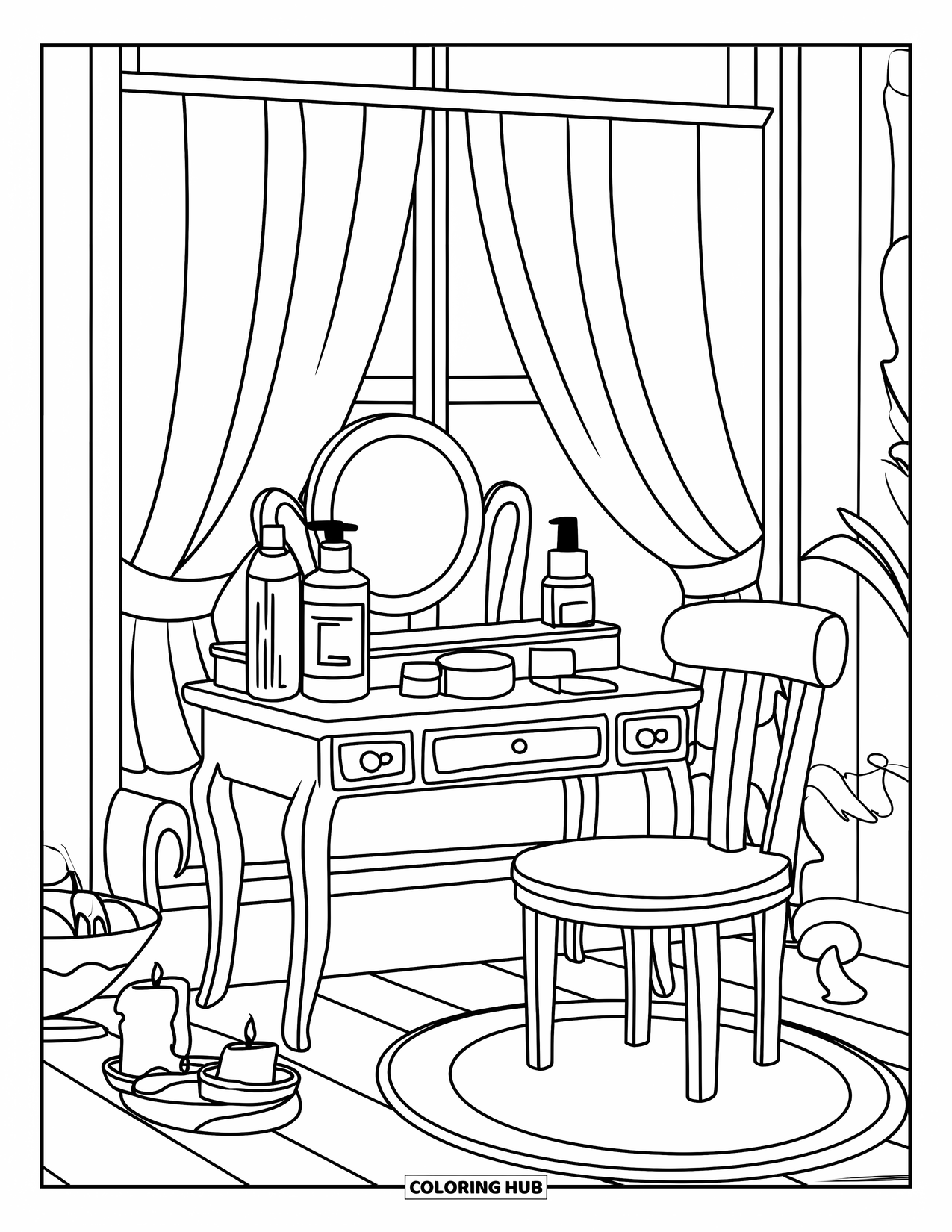 Huidverzorging Kleurplaat voor Kinderen: Een gezellig kaptafeltje bij het raam met flesjes, een kaars en zachte decoratie