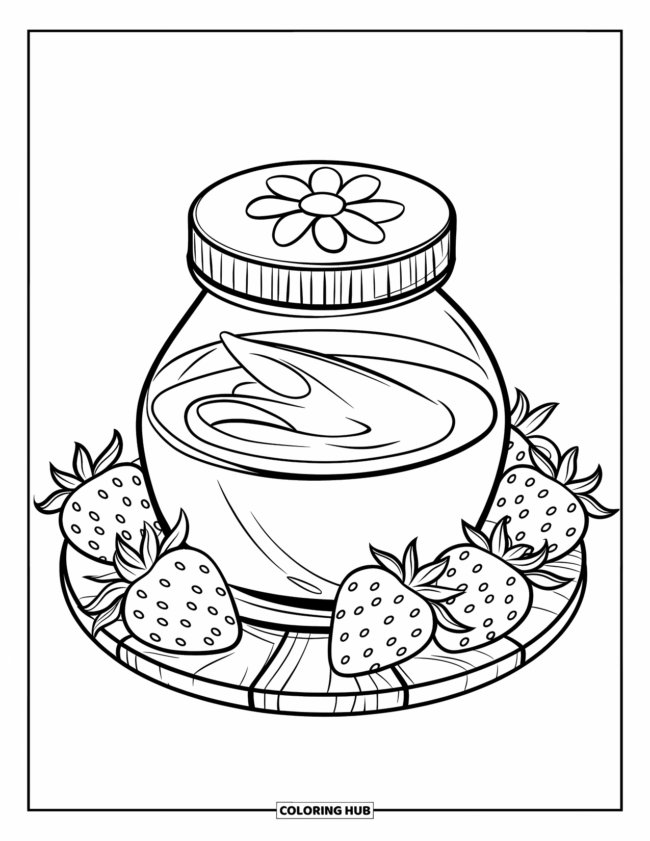 Huidverzorging Kleurplaat voor Kinderen: Een crème pot met een bloemendeksel is omgeven door aardbeien op een houten plank