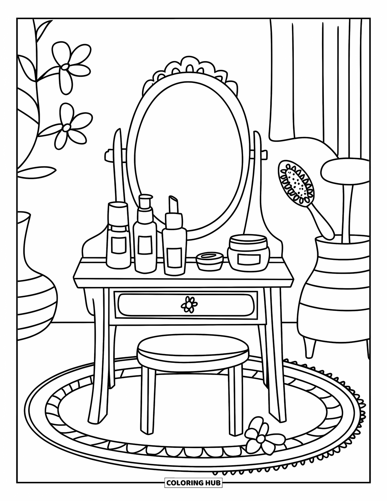 Huidverzorging Kleurplaat voor Kinderen: Een schattig kaptafeltje met een spiegel, borstel en huidverzorgingsflesjes op een kleed