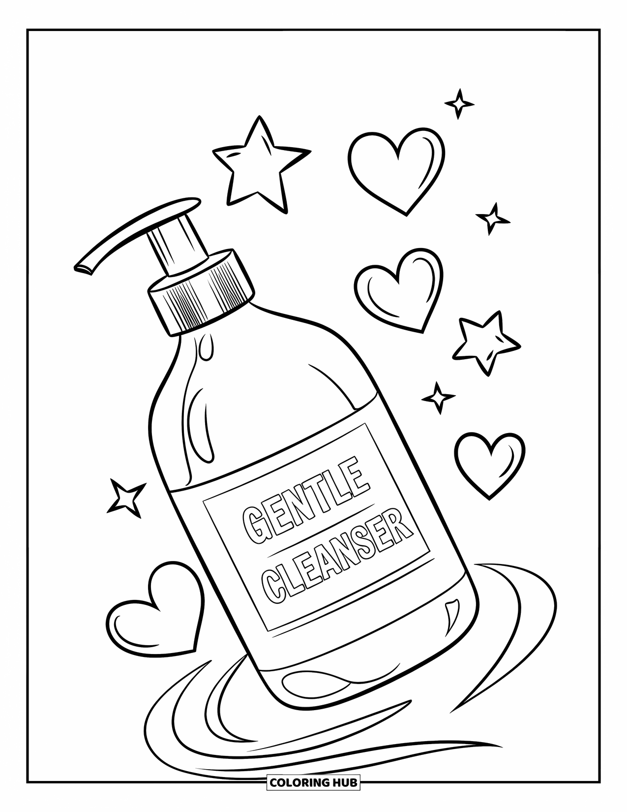 Huidverzorging Kleurplaat voor Kinderen: Een zwevende reinigingsfles omgeven door harten en sterren