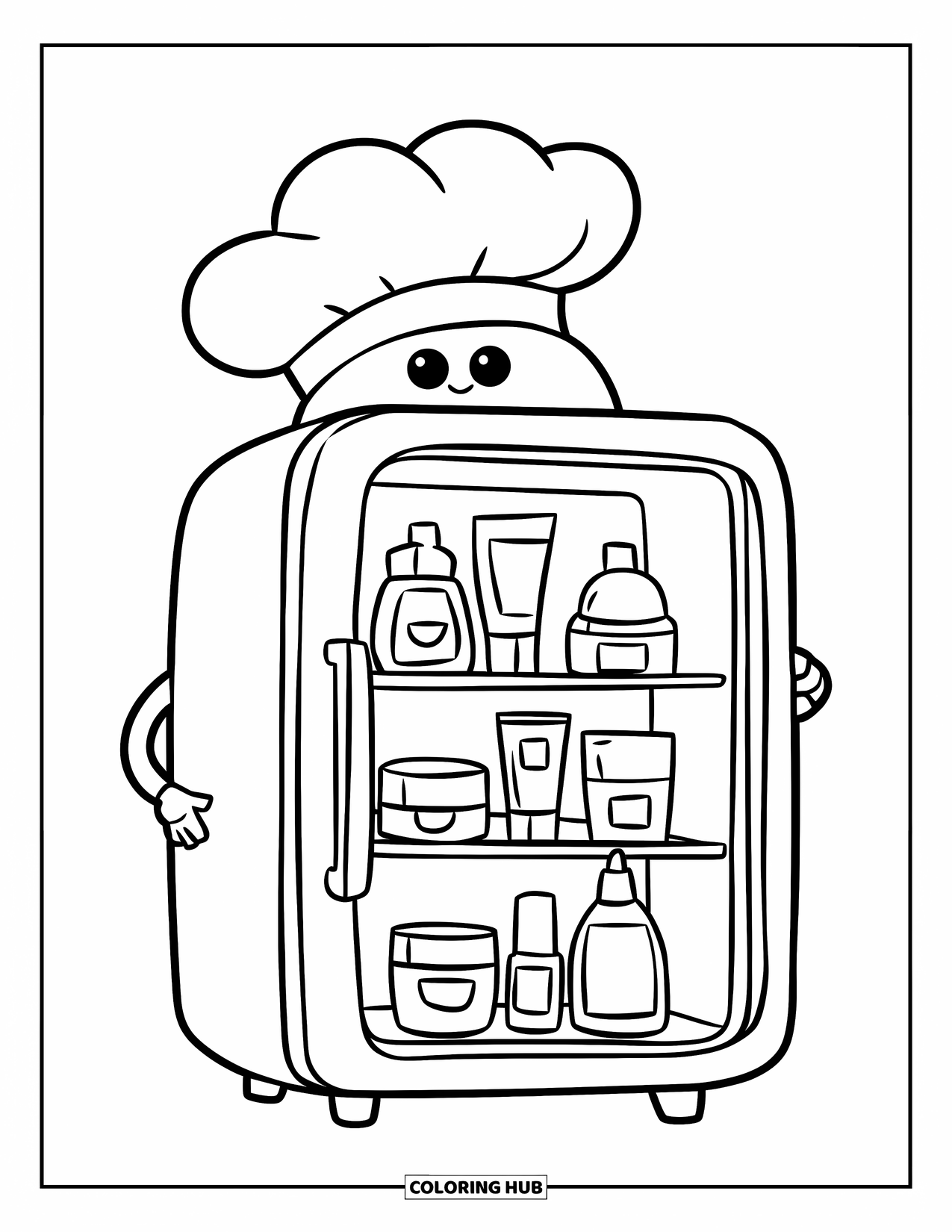 Huidverzorging Kleurplaat voor Kinderen: Een blije koelkast met huidverzorgingsflesjes gerangschikt in een leuke cirkel