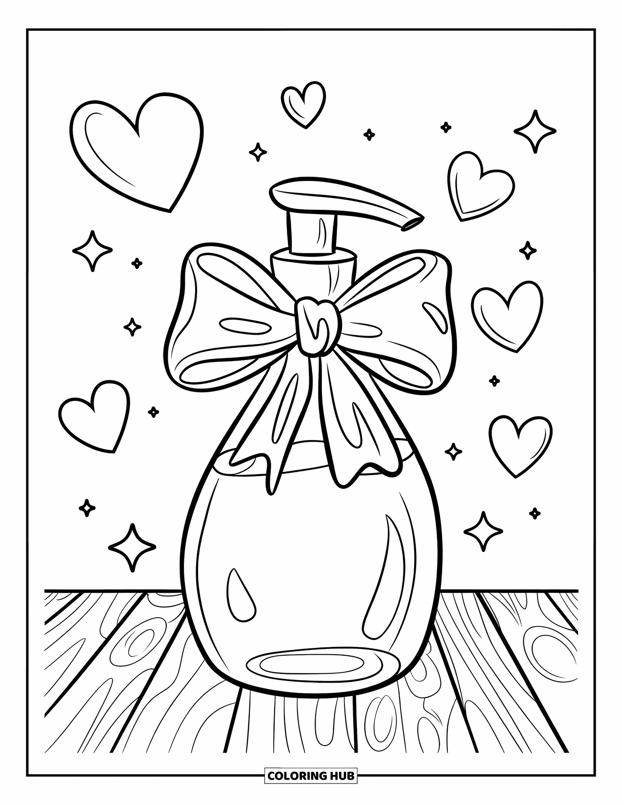 Huidverzorging Kleurplaat voor Kinderen: Een lotionfles met een strik staat tussen zwevende harten en sterren