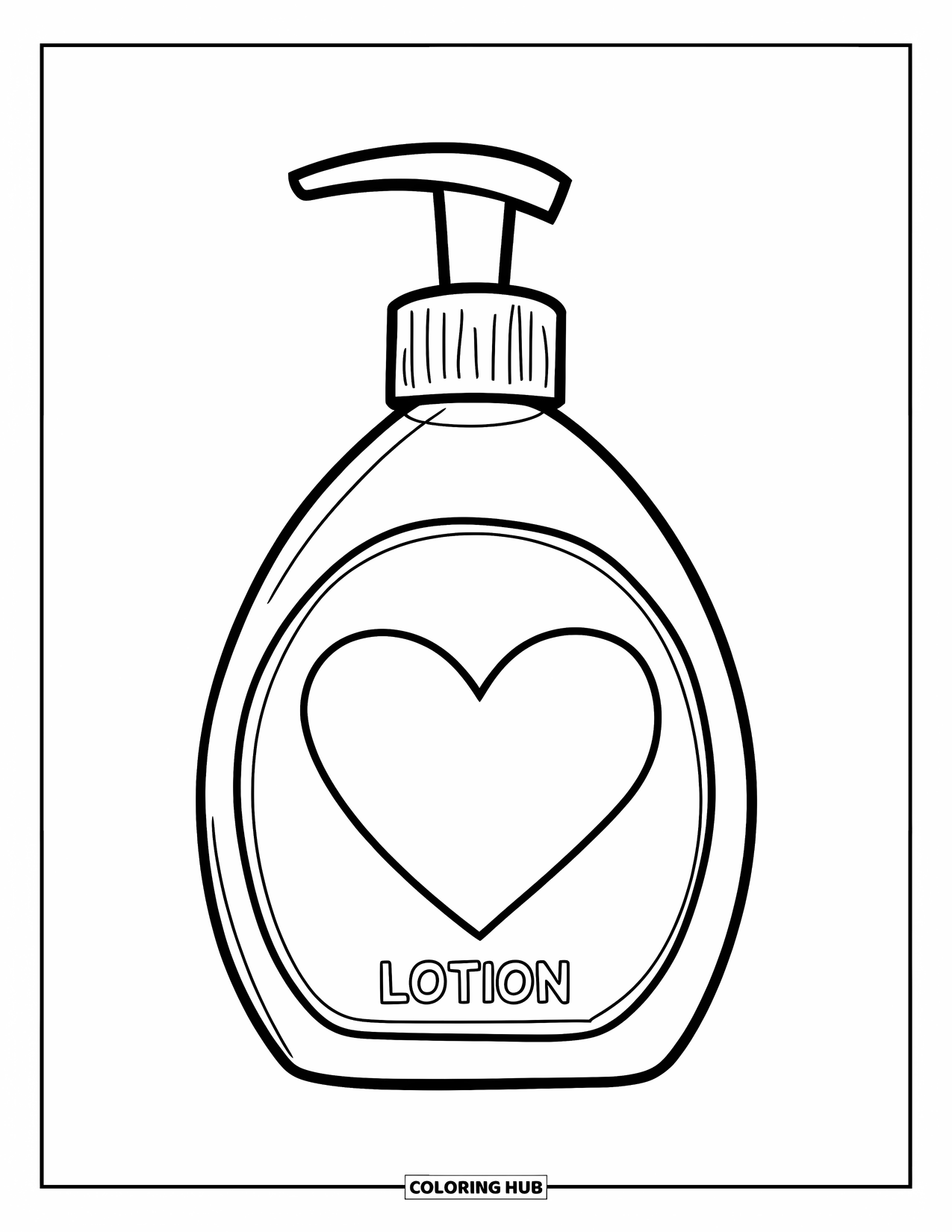 Huidverzorging Kleurplaat voor Kinderen: Een lotionfles met een hartlabel staat op een effen witte achtergrond
