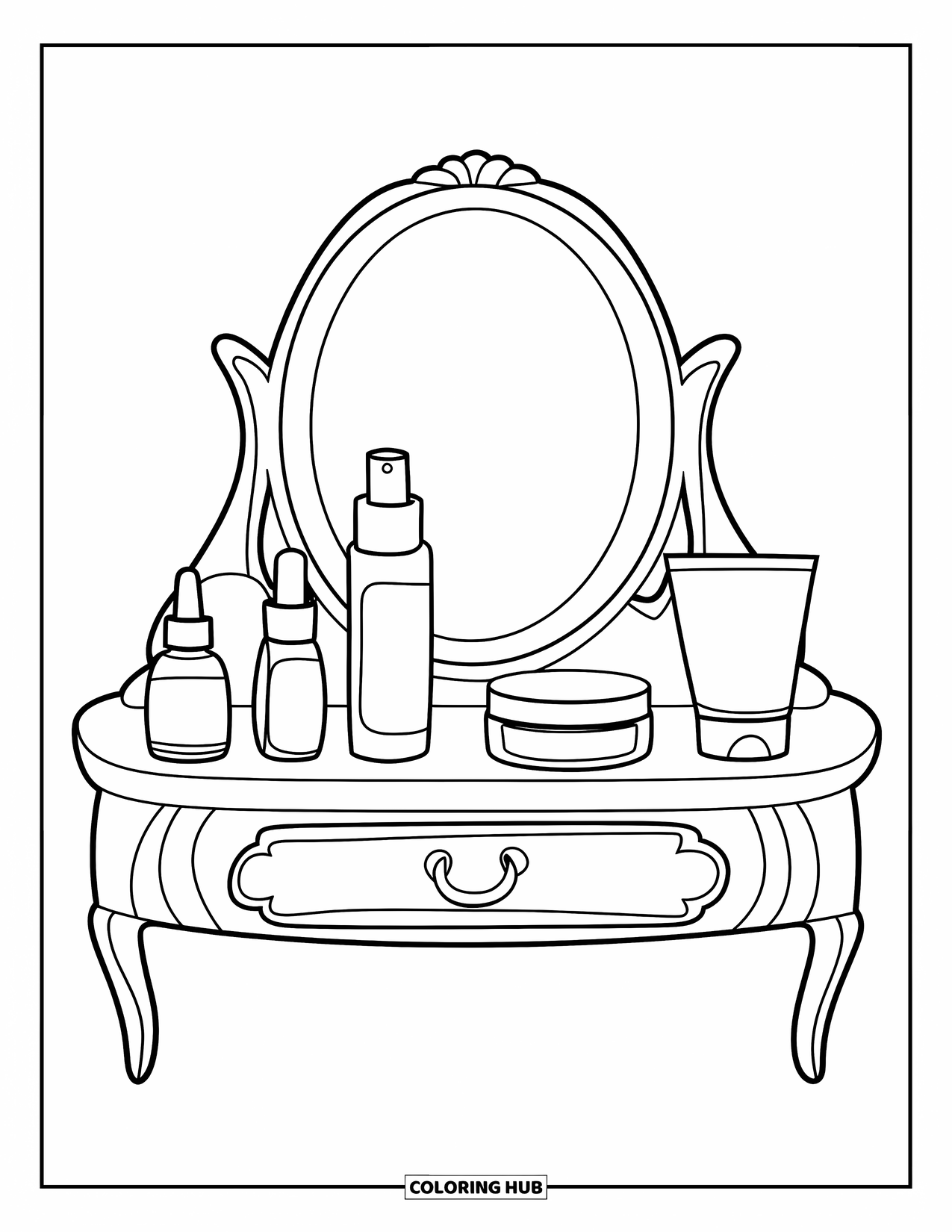 Huidverzorging Kleurplaat voor Kinderen: Een mini-kaptafel met flesjes toner, lotion en crème