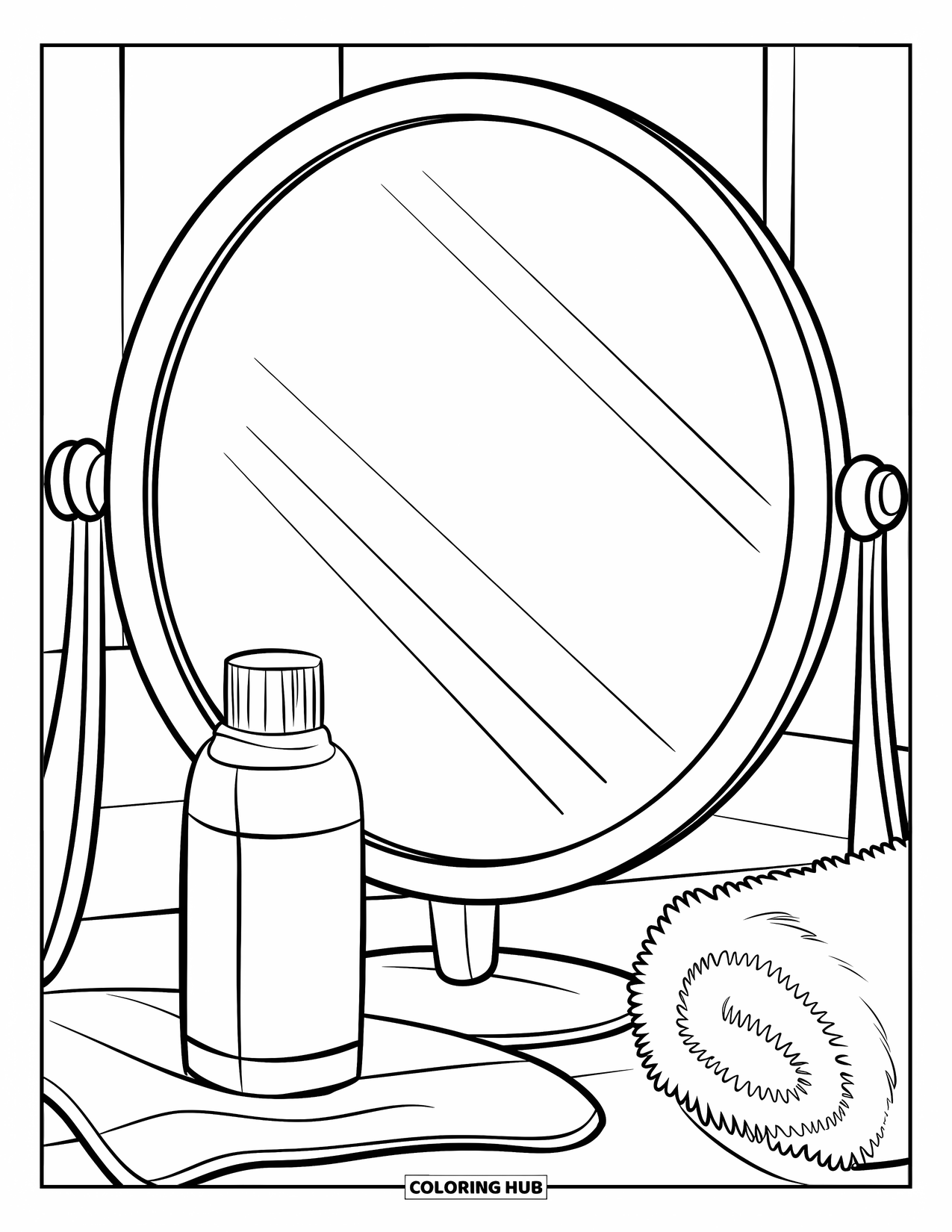 Huidverzorging Kleurplaat voor Kinderen: Een spiegel met toner en een zachte handdoek staat op een schone, witte doek