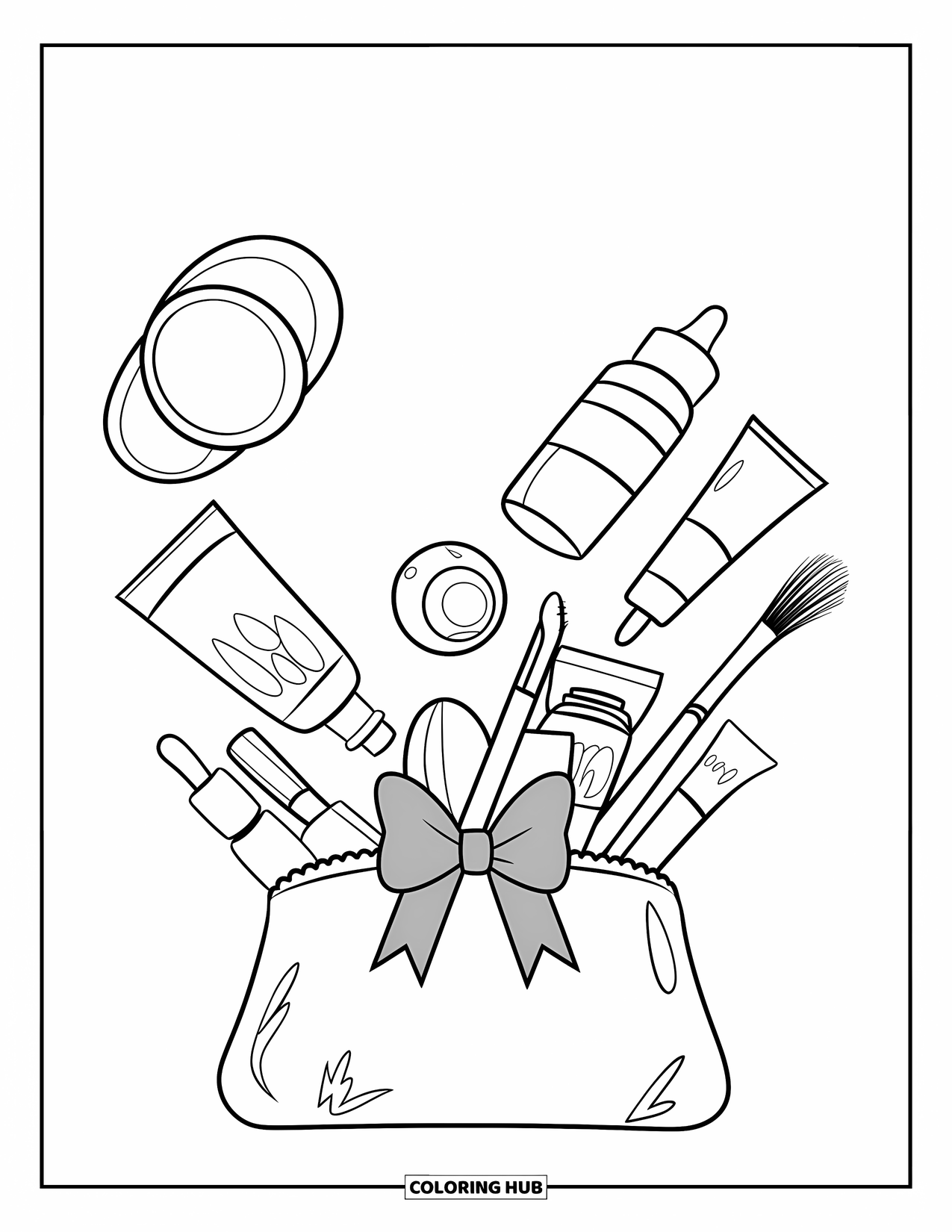 Huidverzorging Kleurplaat voor Kinderen: Een etui met een roze strik morst crèmes en maskers op een schoon oppervlak