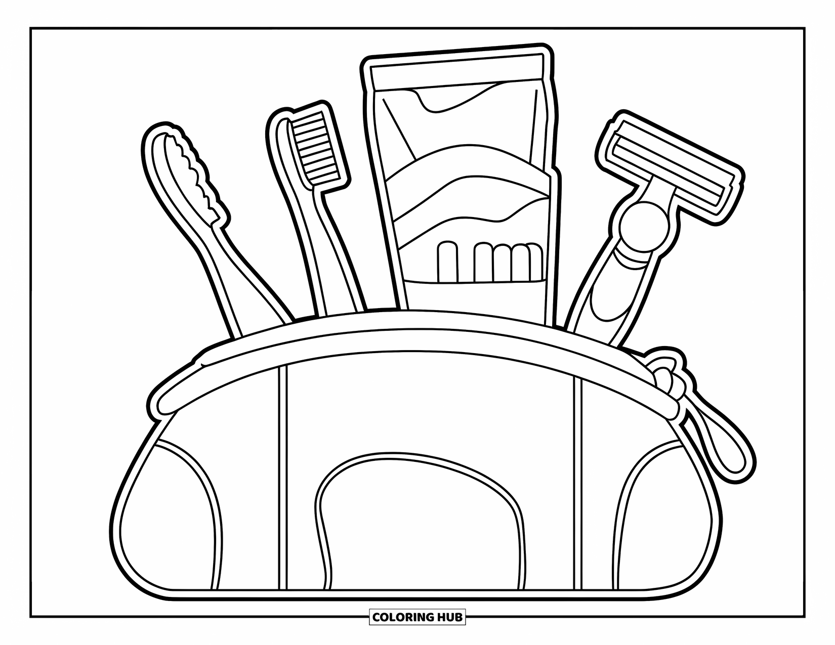 Huidverzorging Kleurplaat voor Kinderen: Een etui met basisgereedschap zoals tandpasta en scheermes in een eenvoudige opstelling