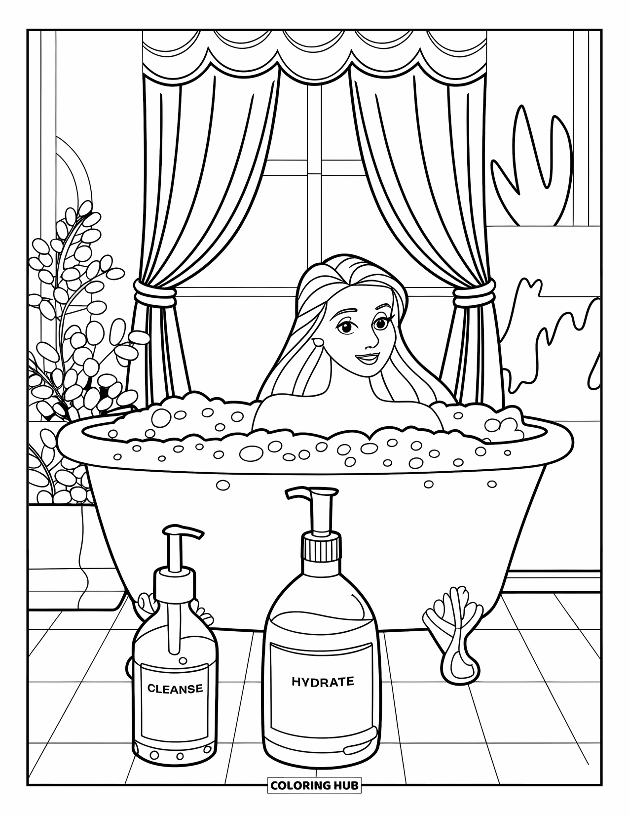Huidverzorging Kleurplaat voor Kinderen: Een prinses geniet van een bubbelbad met flesjes met de labels Reinigen, Hydrateren en Stralen