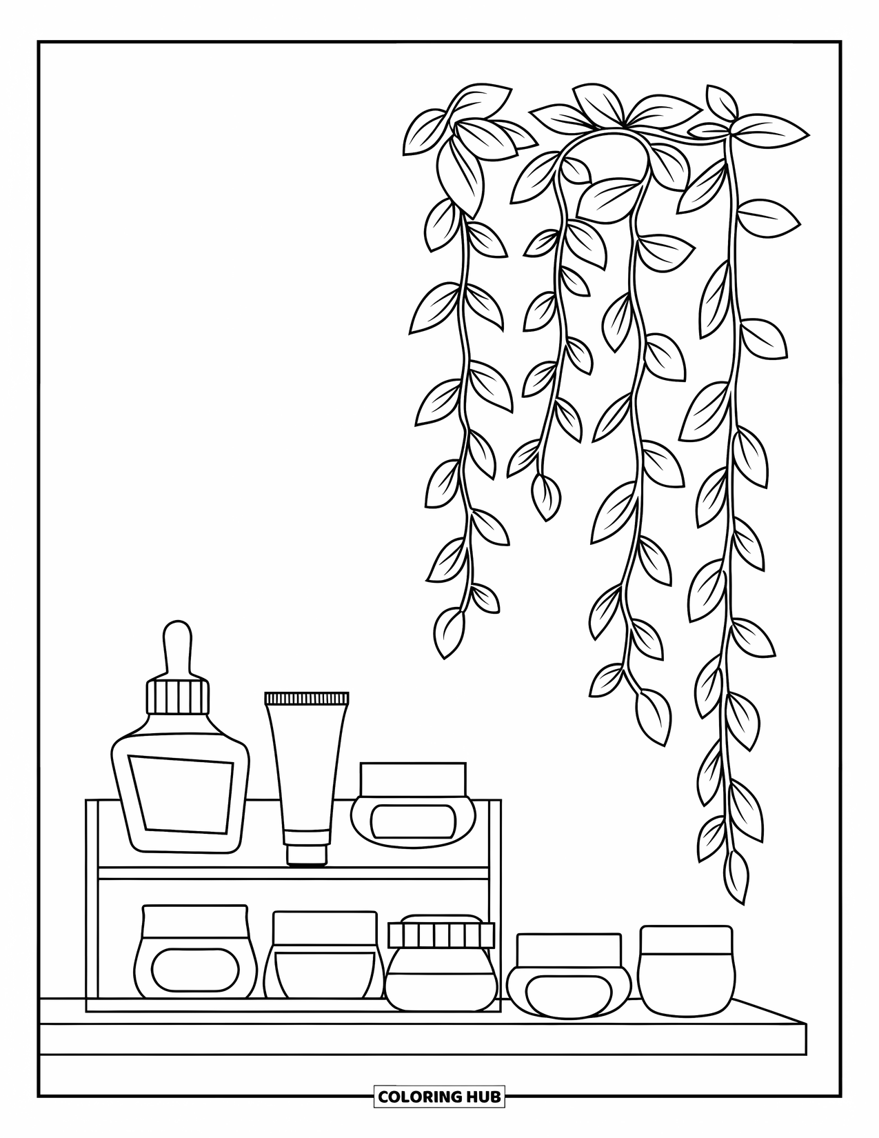 Huidverzorging Kleurplaat voor Kinderen: Een eenvoudige huidverzorgingsplank met klimplanten en schone potten en tubes