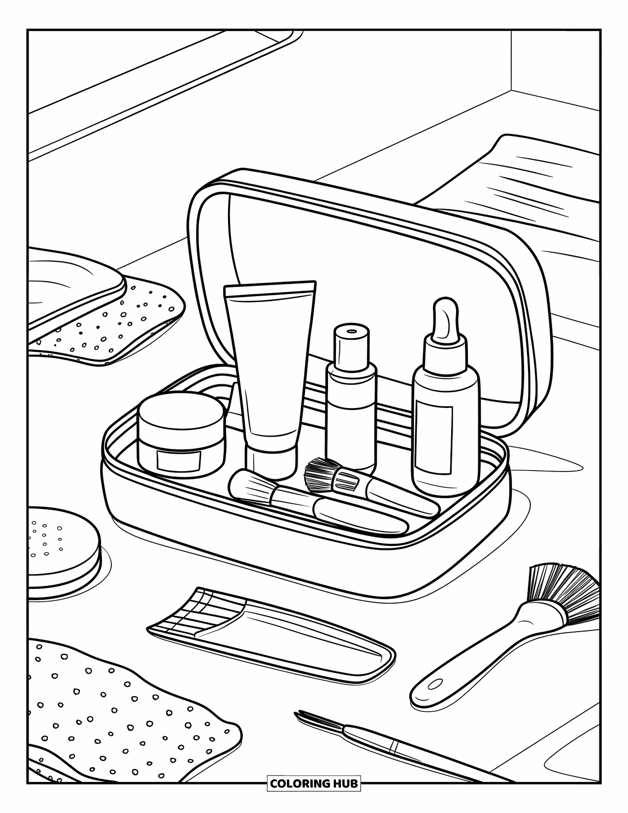 Huidverzorging Kleurplaat voor Kinderen: Een huidverzorgingskit met verspreide tools staat netjes op een wit oppervlak