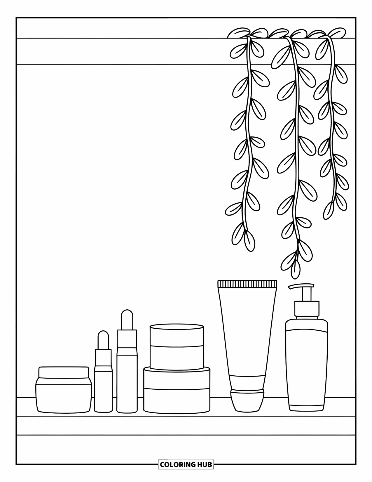 Huidverzorging Kleurplaat voor Kinderen: Een huidverzorgingsplank met netjes geplaatste items en een zachte hangende klimplant