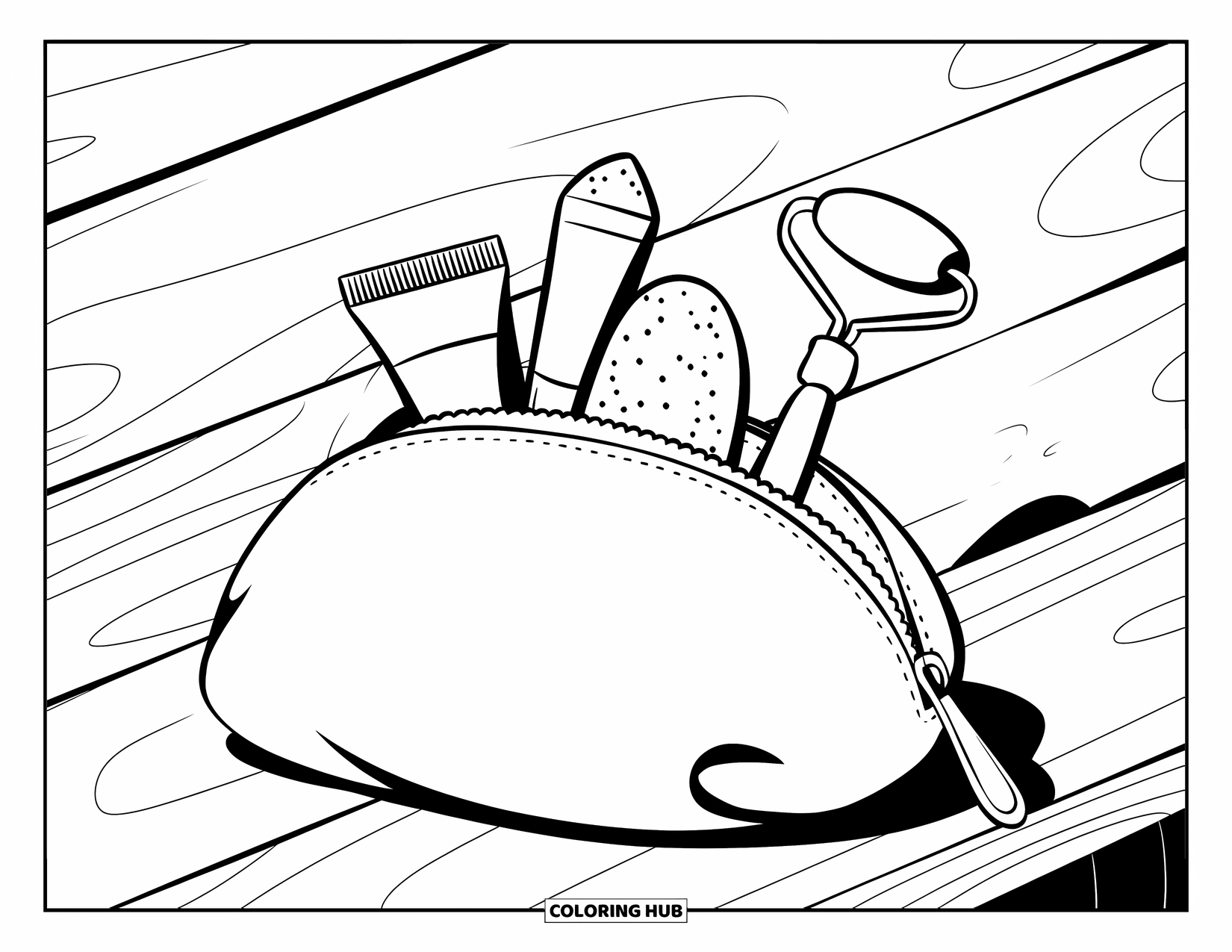 Huidverzorging Kleurplaat voor Kinderen: Een zacht etui ligt open met huidverzorgingstools op een houten oppervlak