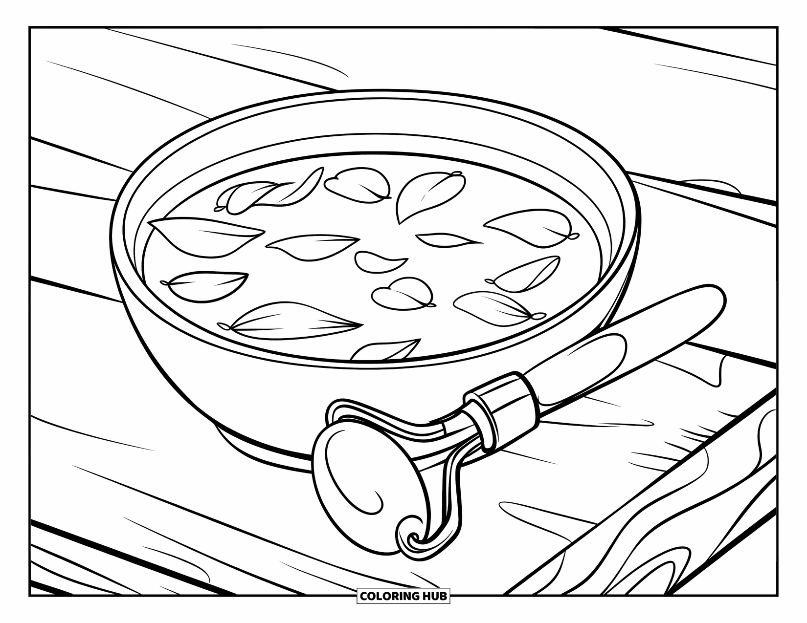 Huidverzorging Kleurplaat voor Kinderen: Een zachte roller en kom met bloemblaadjes staan rustig op een schoon houten oppervlak