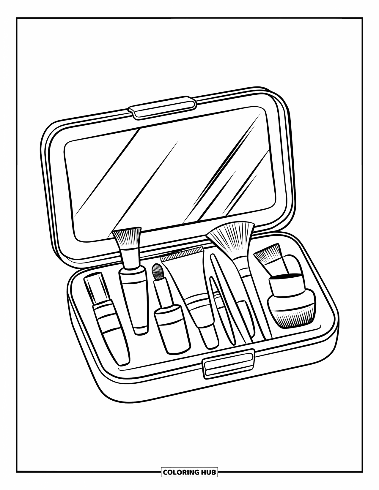 Huidverzorging Kleurplaat voor Kinderen: Een reiskit met flesjes, borstels en een spiegel op een schone witte achtergrond