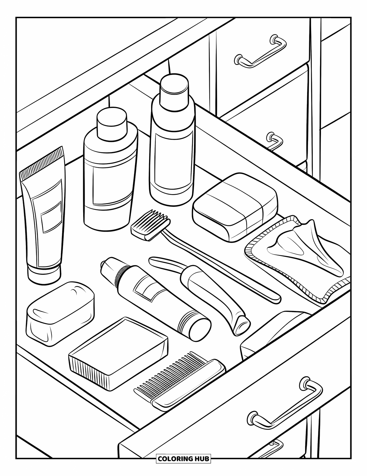 Huidverzorging Kleurplaat voor Kinderen: Een open lade gevuld met huidverzorging, hygiëneartikelen en verzorgingsproducten