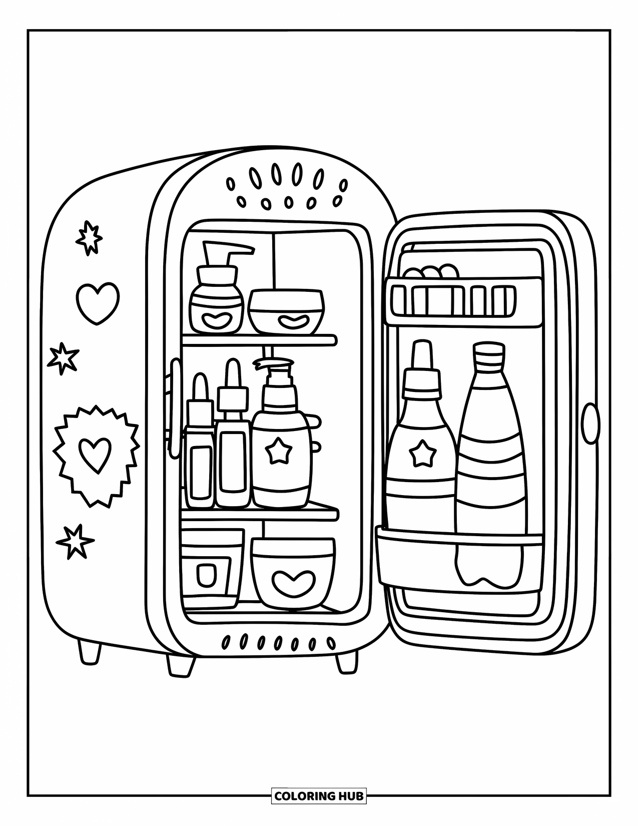Huidverzorging Kleurplaat voor Kinderen: Een open koelkast bevat huidverzorging, drankjes en stickers met een schattig plantje erboven