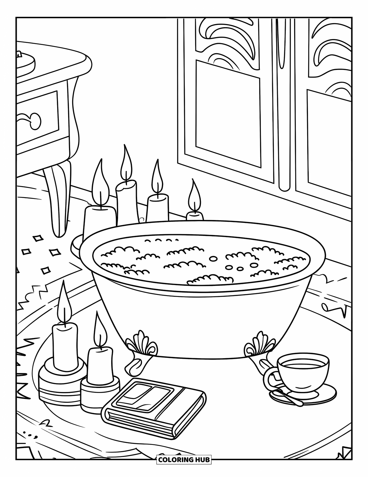 Huidverzorging Kleurplaat voor Kinderen: Brandende kaarsen, een gezichtsmasker en een theeservies vormen het decor voor een nachtelijk ritueel