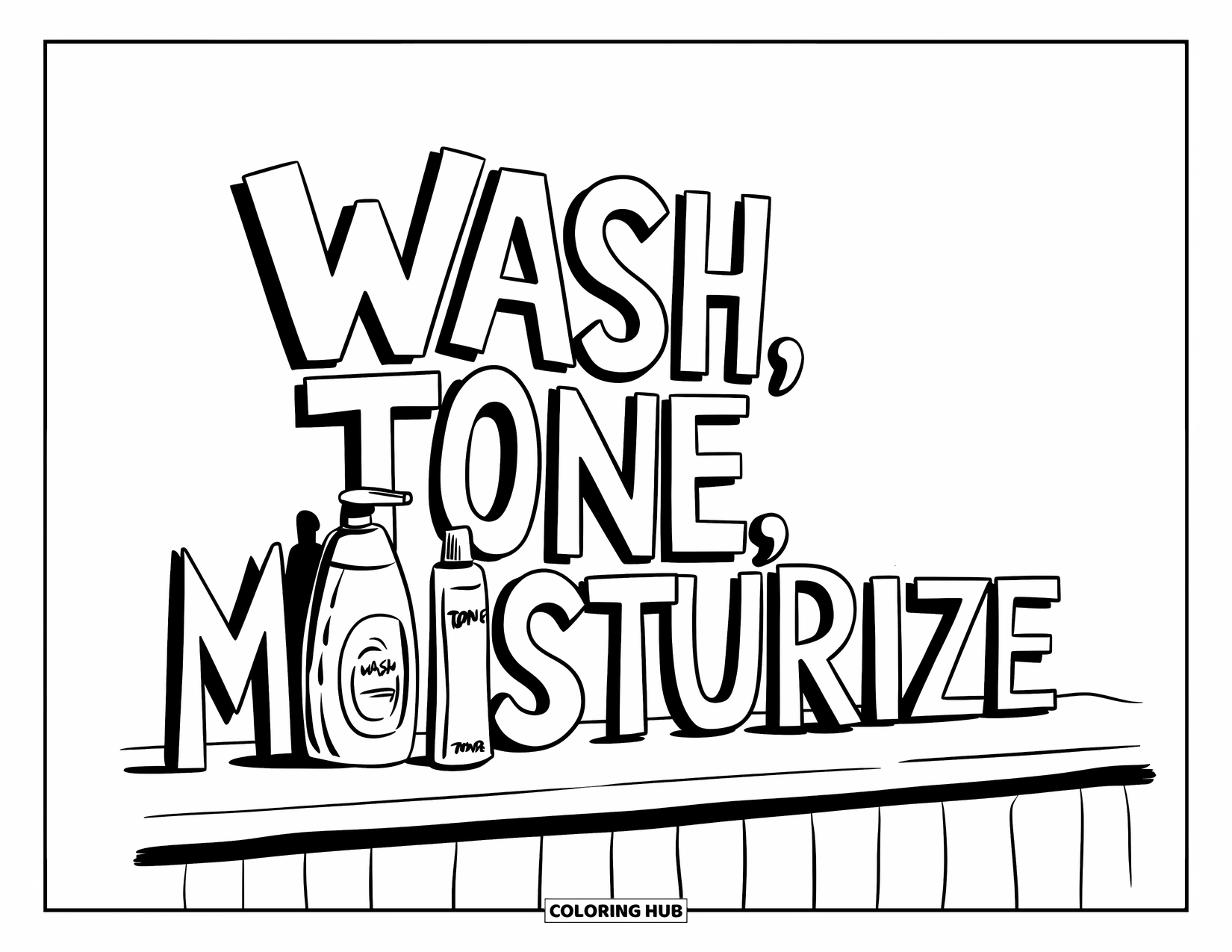 Huidverzorging Kleurplaat voor Kinderen: Drie gelabelde huidverzorgingsitemsówassen, tonifiëren en hydraterenó-staan op volgorde op een aanrecht