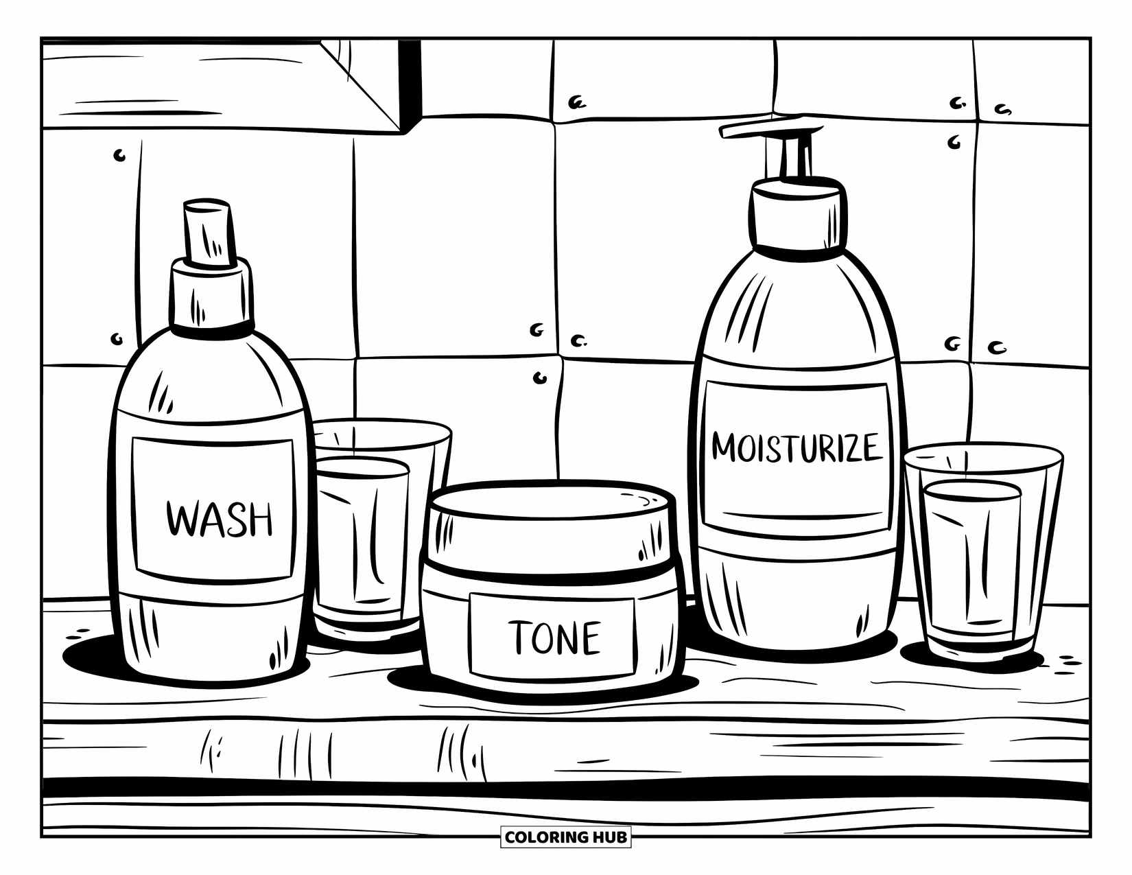 Huidverzorging Kleurplaat voor Kinderen: Drie huidverzorgingsflesjes met duidelijke labels voor elke stap staan op een houten aanrecht