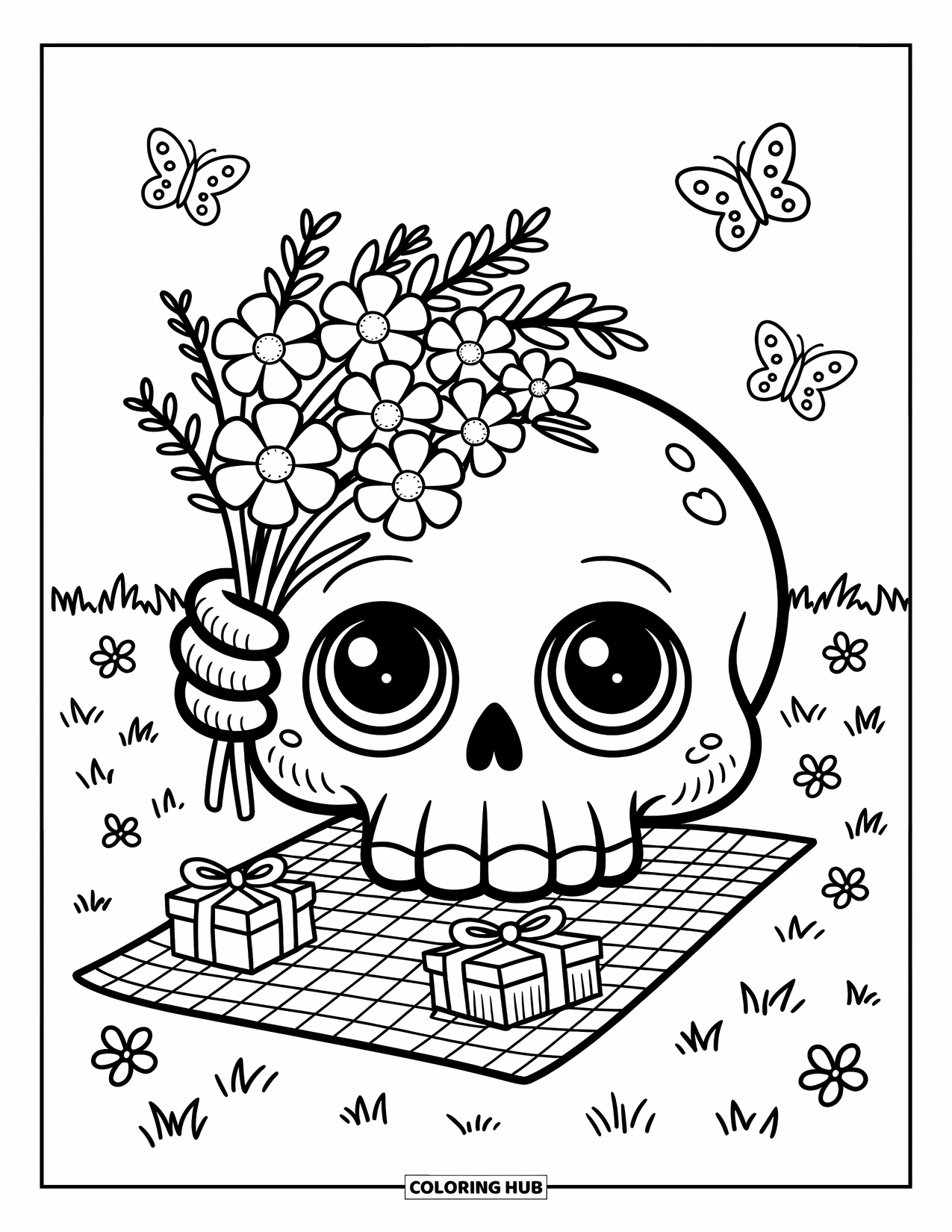 Skull Coloring Page for Adults: A bashful skull peeks from behind flowers near butterflies, gifts, and a picnic mat
