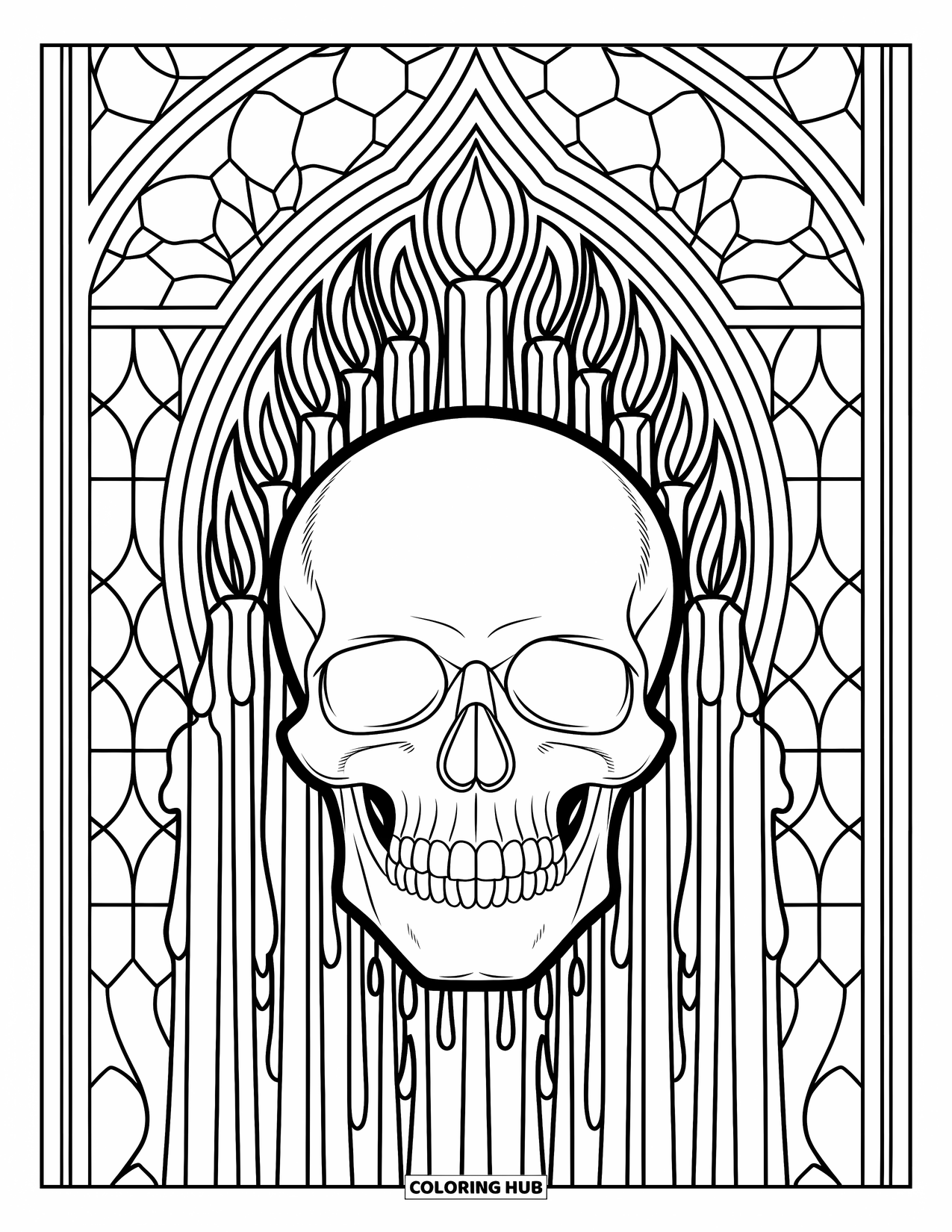 Skull Coloring Page for Adults: A candle-topped skull sits at the center, framed by stained glass and flowing wax patterns