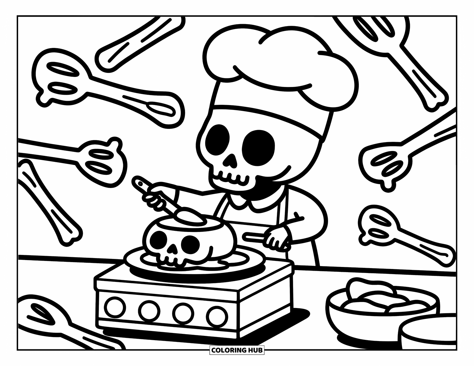 Skull Coloring Page for Adults: A cheerful skull chef cooks on a tiny stove with cute, crossbone kitchen tools