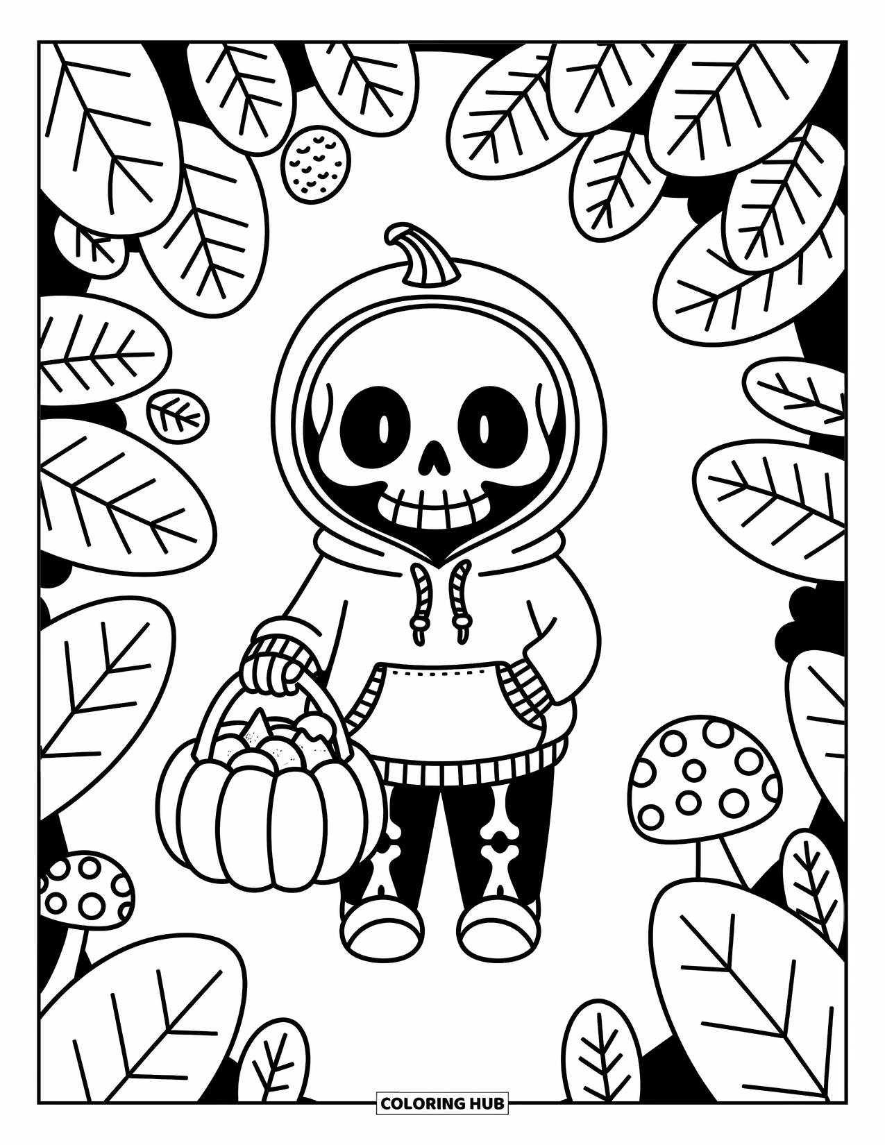 Skull Coloring Page for Adults: A cozy skeleton strolls with a pumpkin basket among oversized leaves and tiny mushrooms