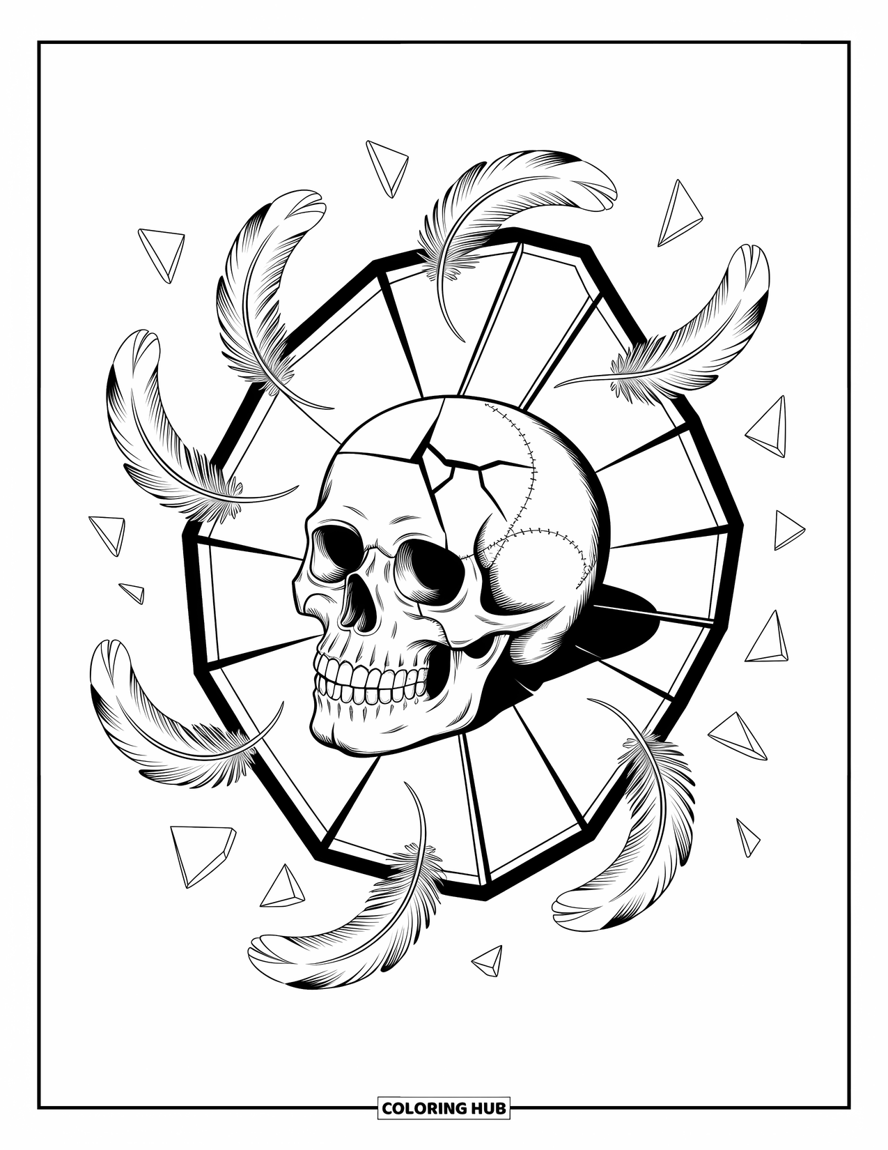 Skull Coloring Page for Adults: A cracked skull lies within a shattered frame, encircled by floating shards and soft feathers