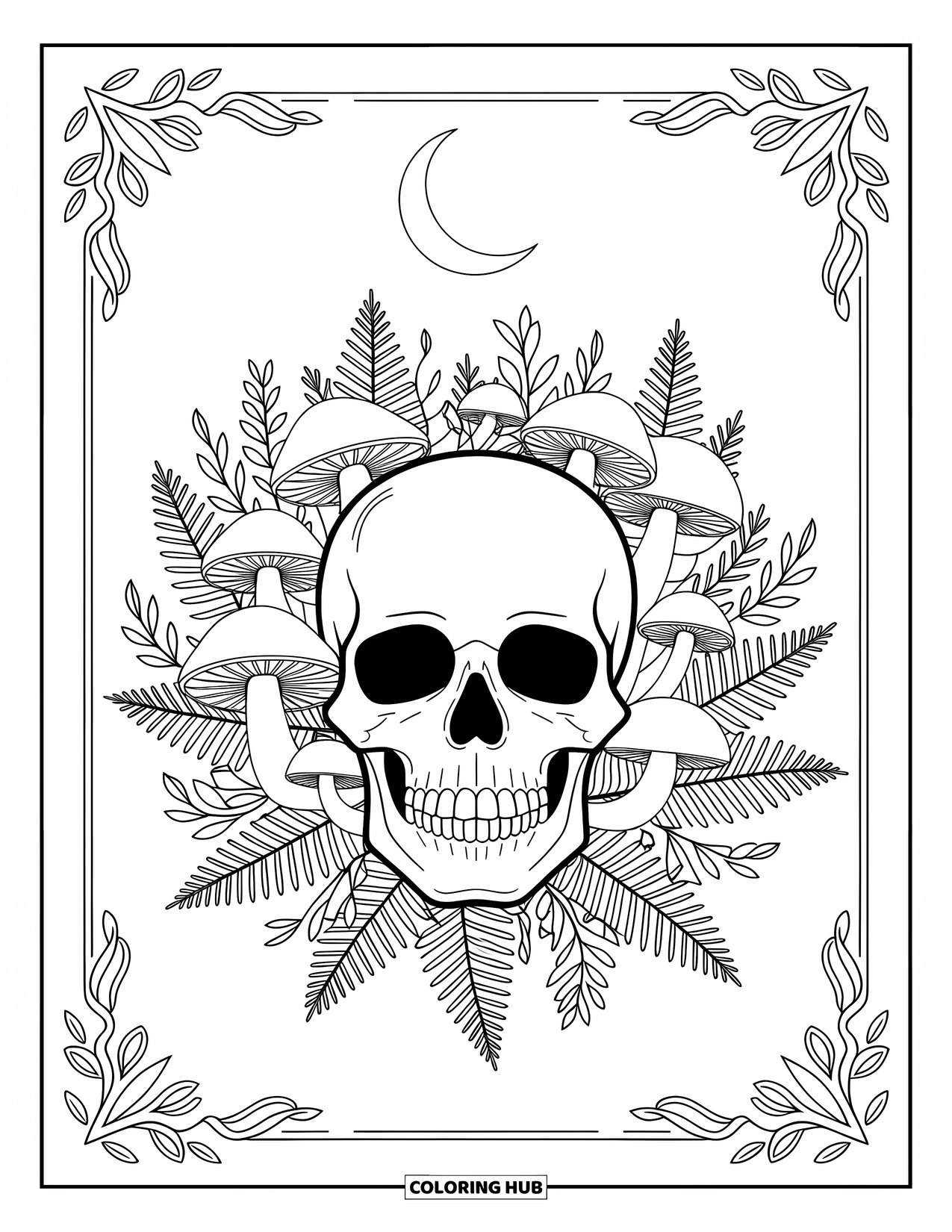 Skull Coloring Page for Adults: A crescent moon shines above a skull surrounded by ferns, mushrooms, and forest herbs