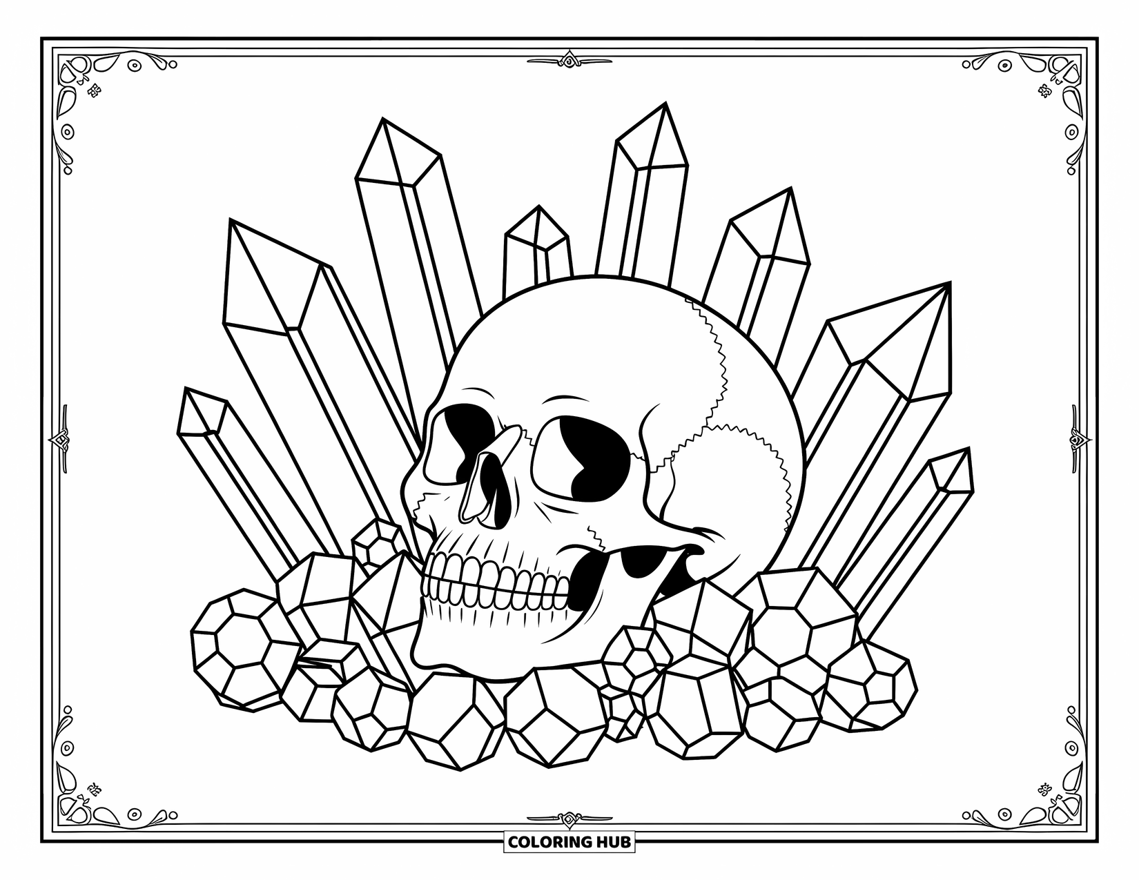 Skull Coloring Page for Adults: A crystal cluster surrounds a skull, framed by intricate patterns and decorative flourishes