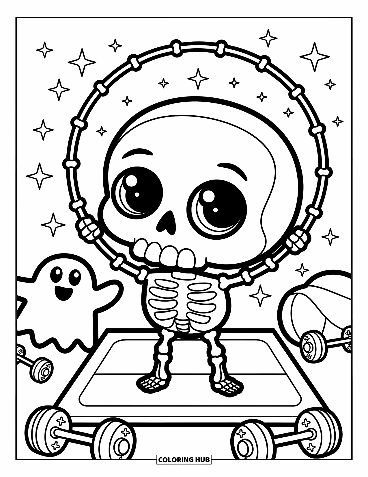 Skull Coloring Page for Adults: A cute skull hula hoops on a mat while a ghost cheers with sparkly gym props
