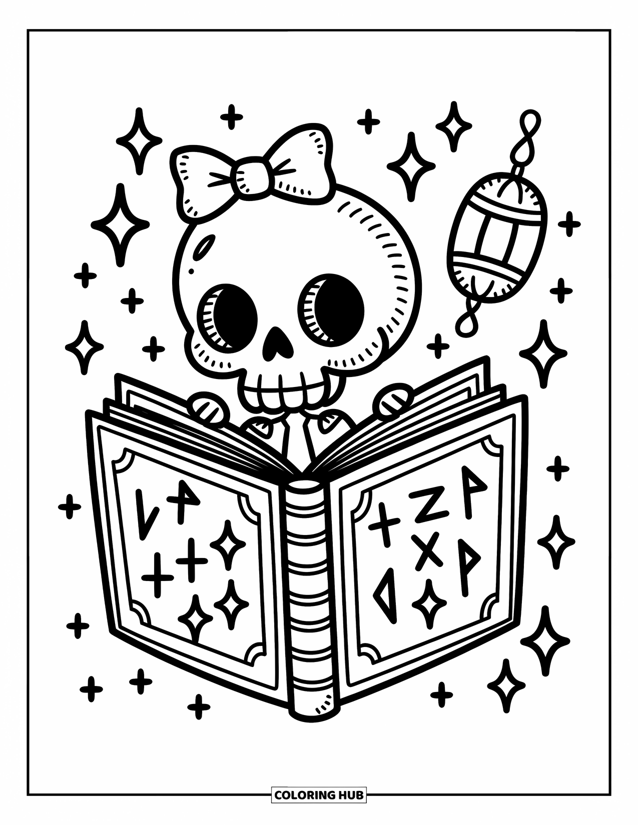 Skull Coloring Page for Adults: A cute skull in a big bowtie relaxes inside a book with stars and sparkles floating around