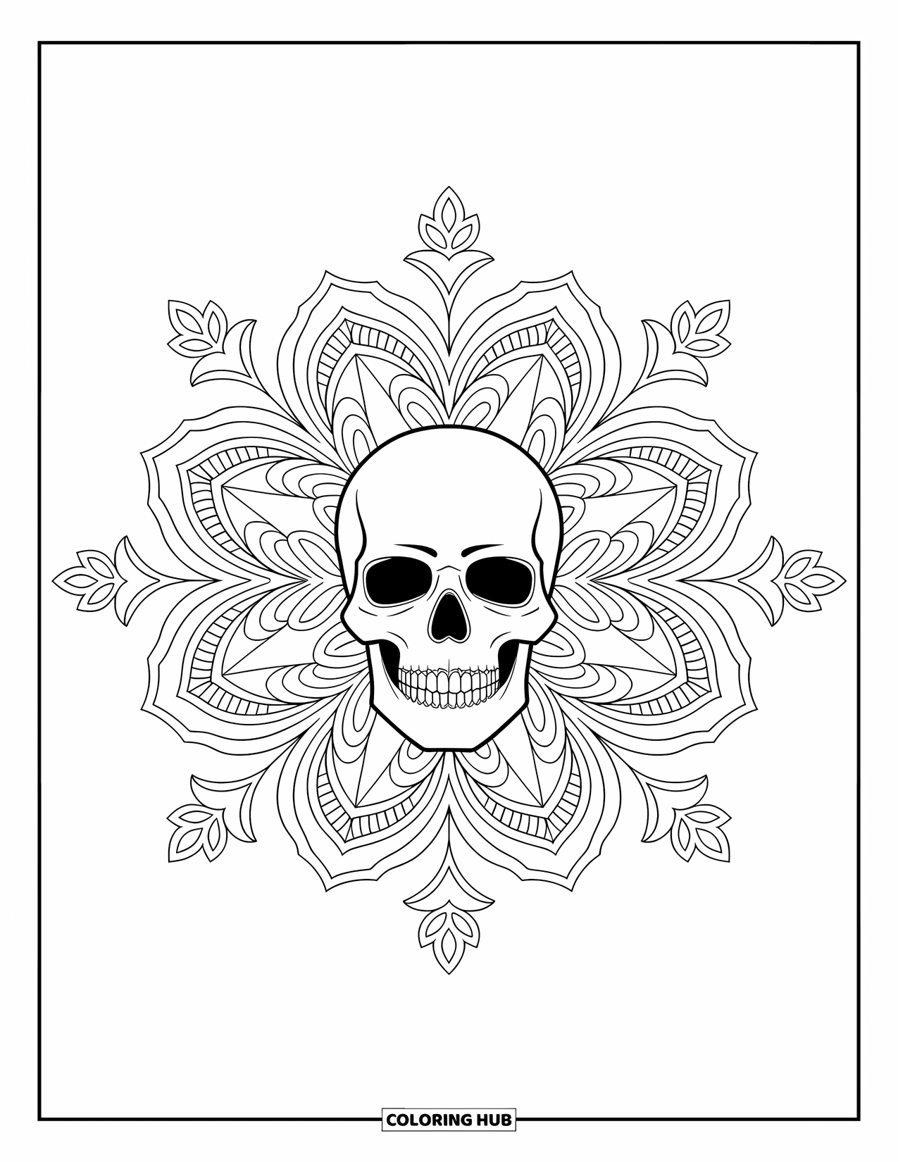 Skull Coloring Page for Adults: A detailed mandala surrounds a central skull, blending floral and geometric designs