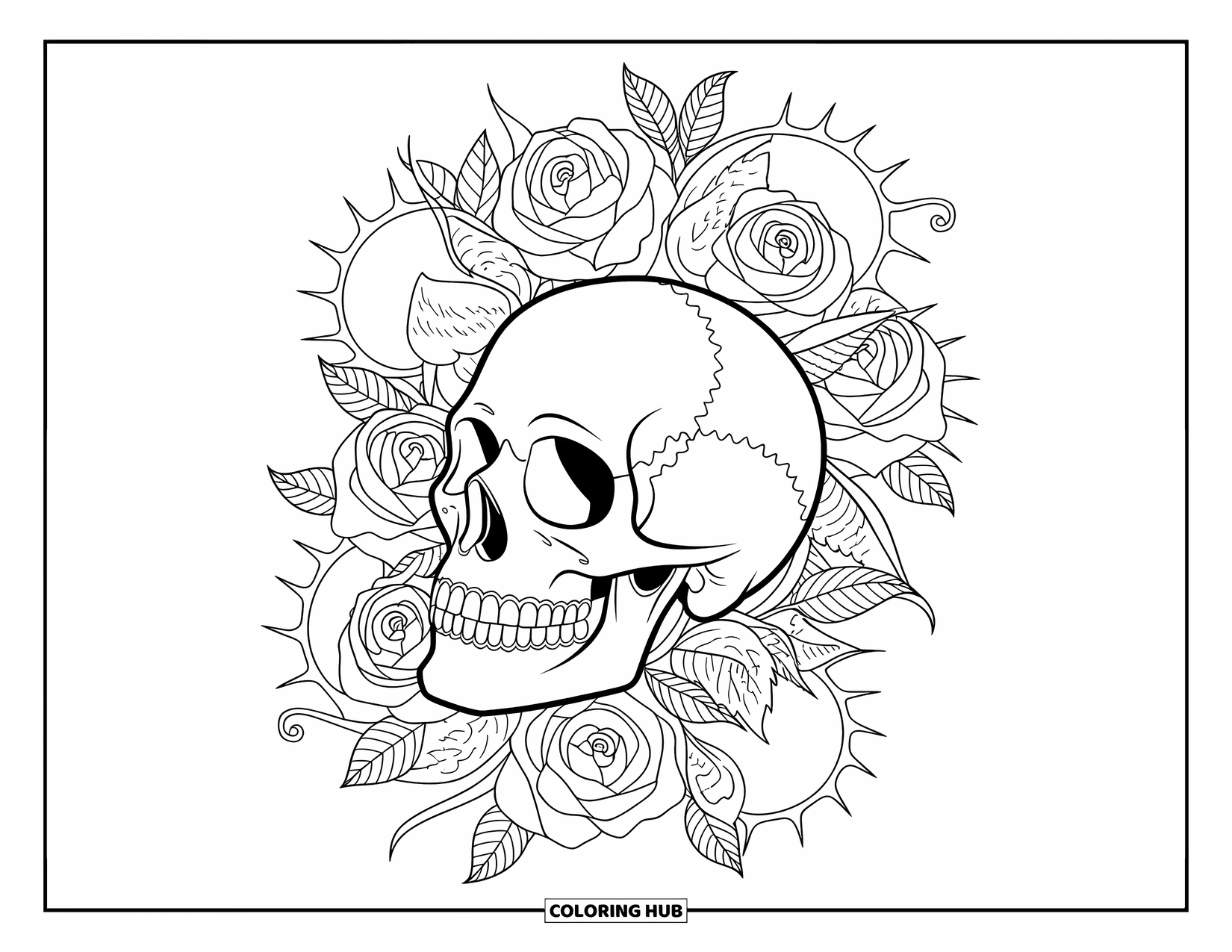 Skull Coloring Page for Adults: A floral arrangement of roses and vines wraps around a skull with detailed ornamental patterns