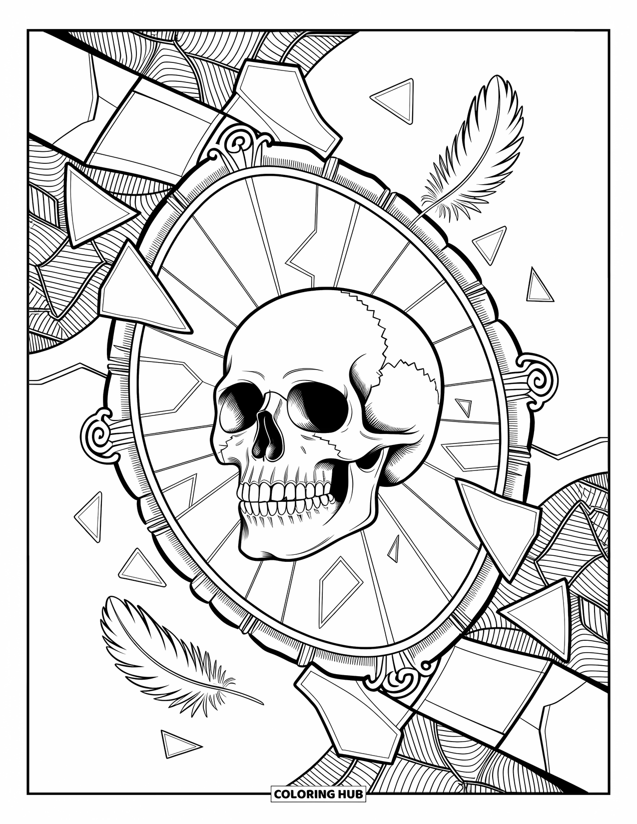 Skull Coloring Page for Adults: A fractured mirror holds a cracked skull, with shards and feathers floating in elegant patterns