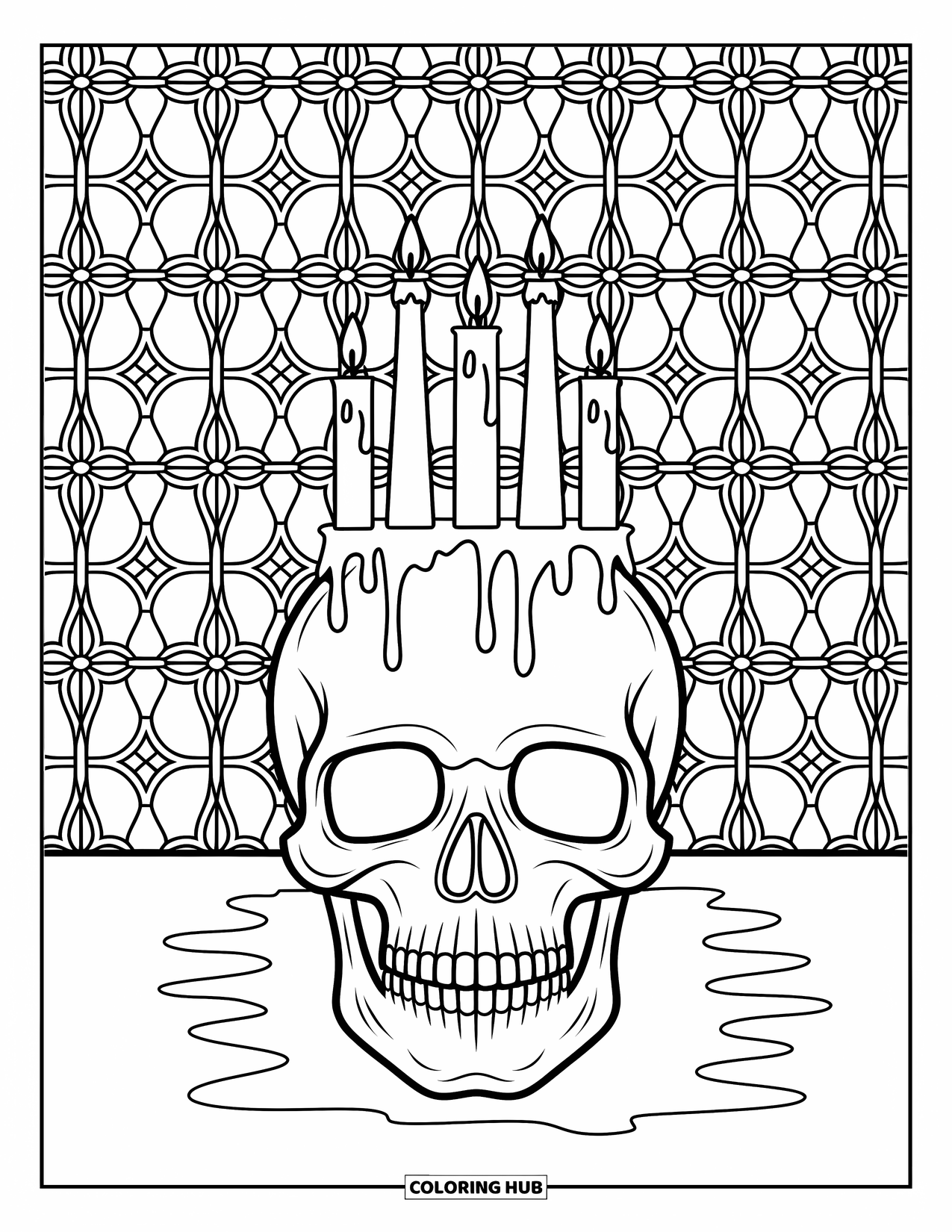 Skull Coloring Page for Adults: A gothic skull crowned with melting candles sits amid stained glass patterns and ornate details