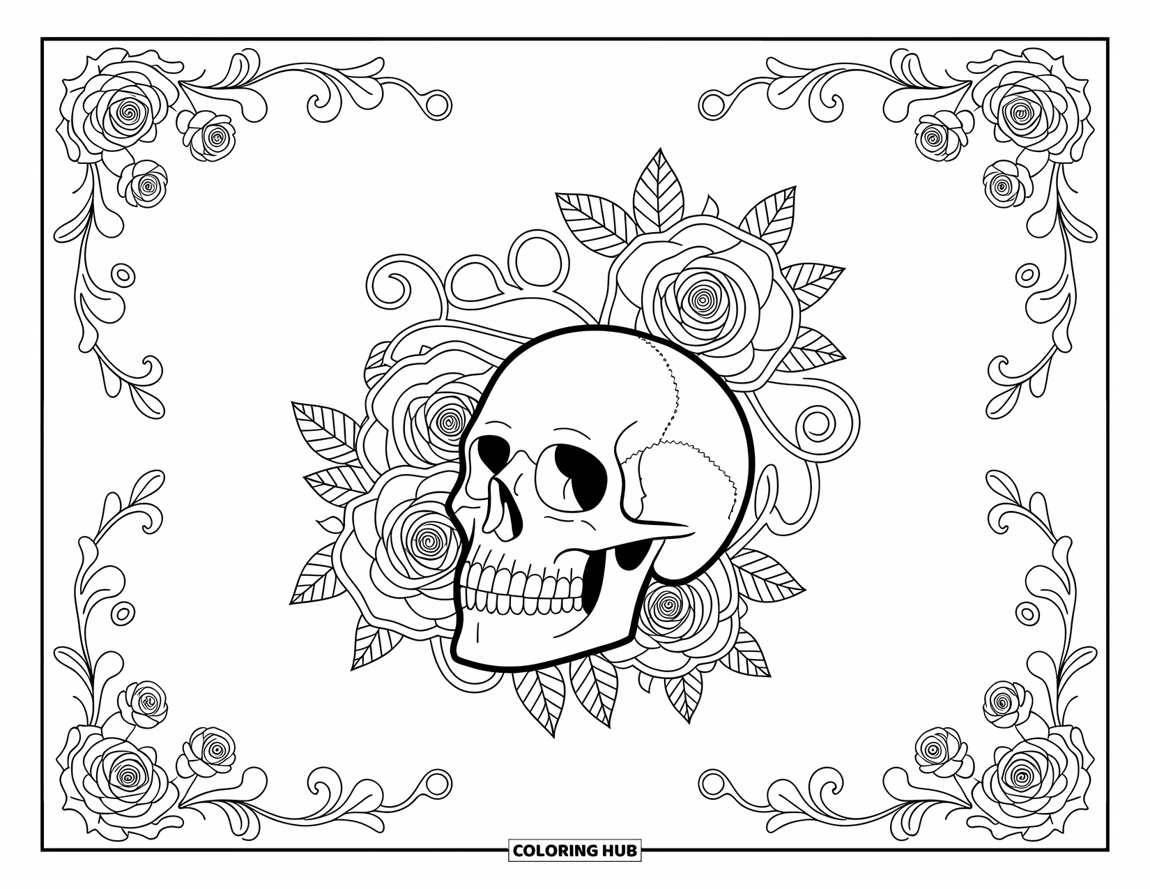 Skull Coloring Page for Adults: A human skull rests among roses and vines framed by flowing floral patterns and curves