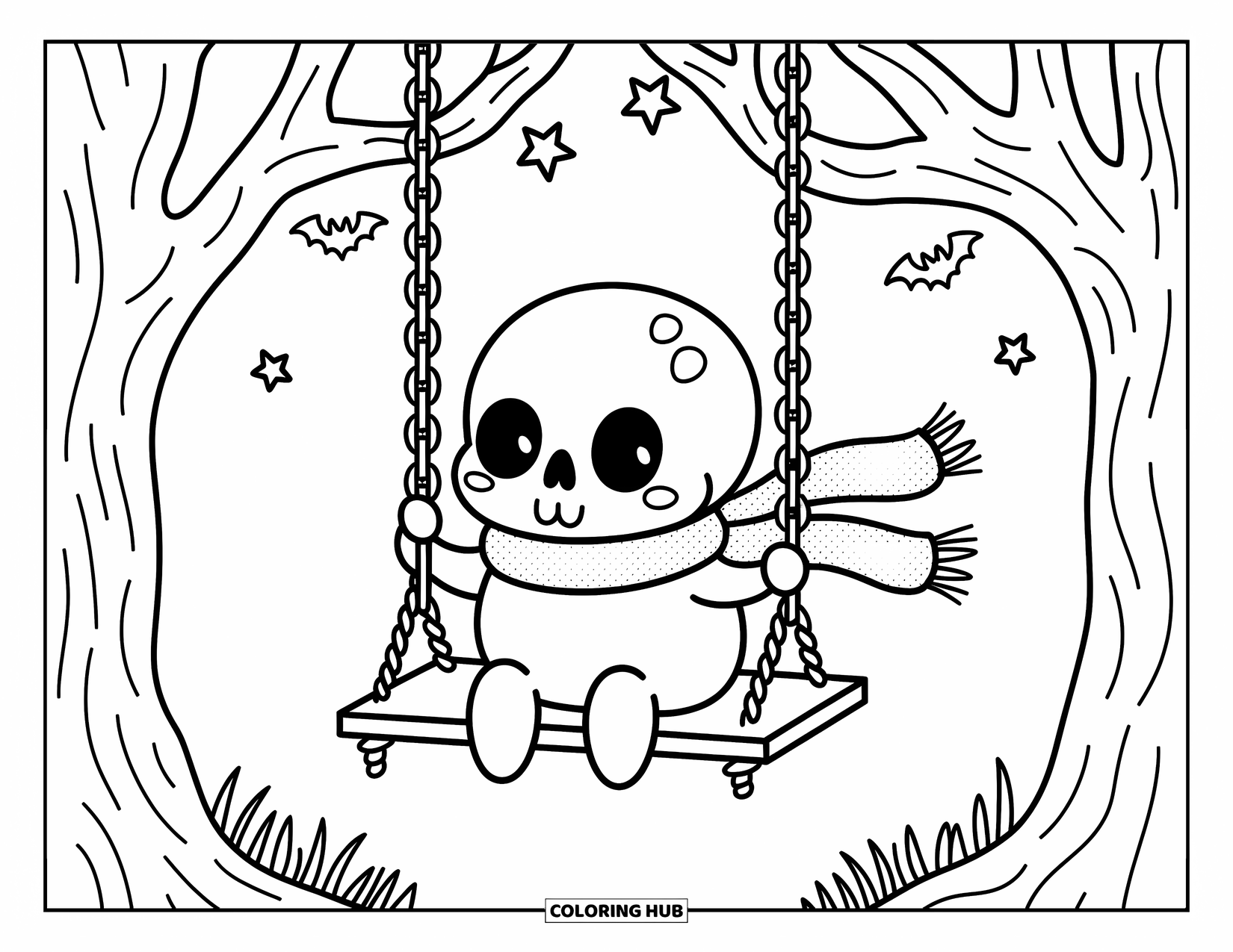 Skull Coloring Page for Adults: A kawaii skull on a bone swing floats under stars and bats in a whimsical tree
