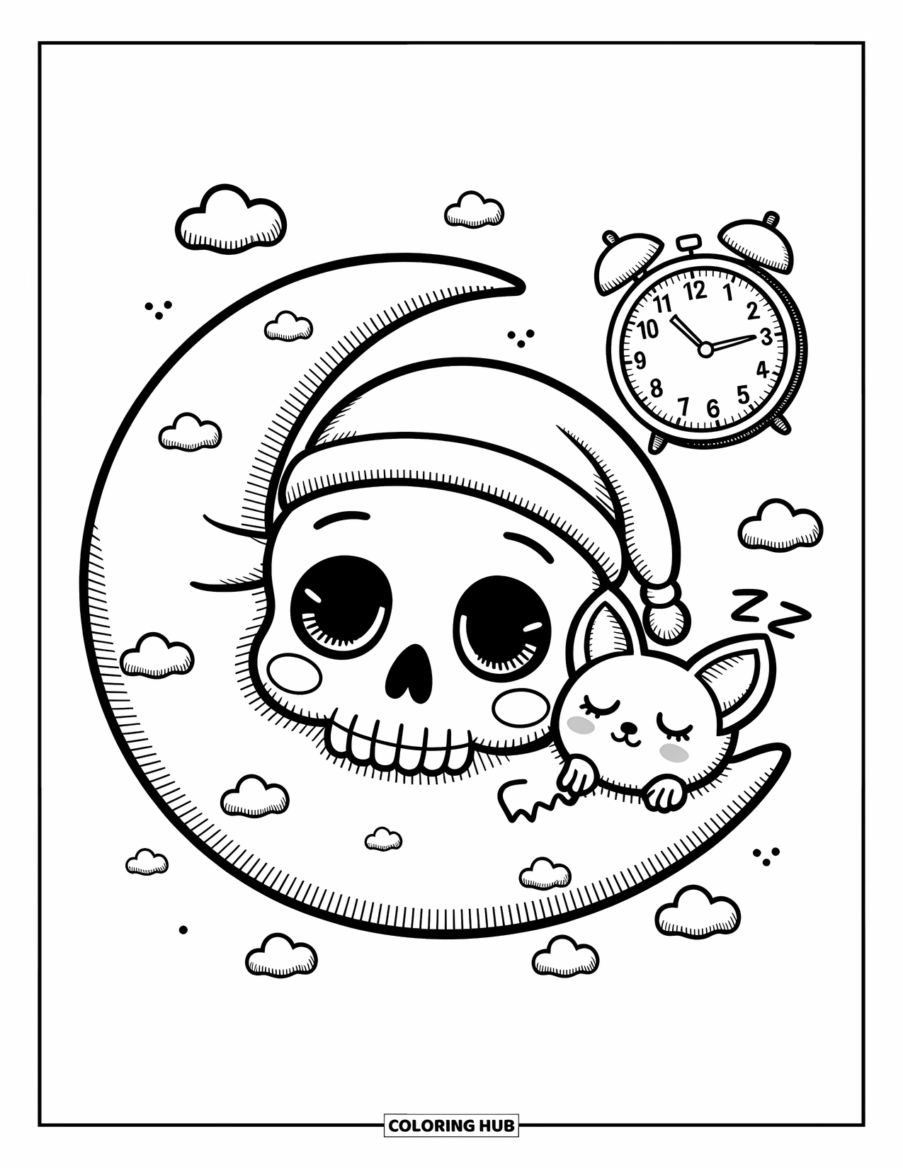 Skull Coloring Page for Adults: A peaceful skull with rosy cheeks naps on a moon pillow with a bat and floating clock