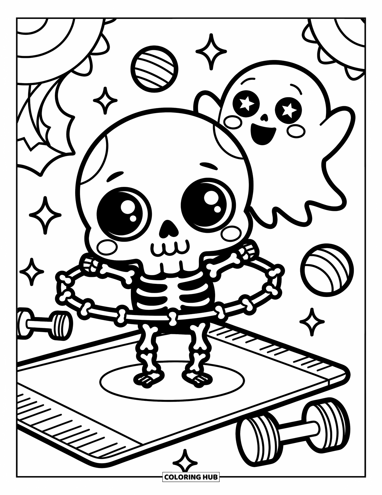 Skull Coloring Page for Adults: A playful skull twirls a bone hoop as a ghost friend cheers with floating gym gear