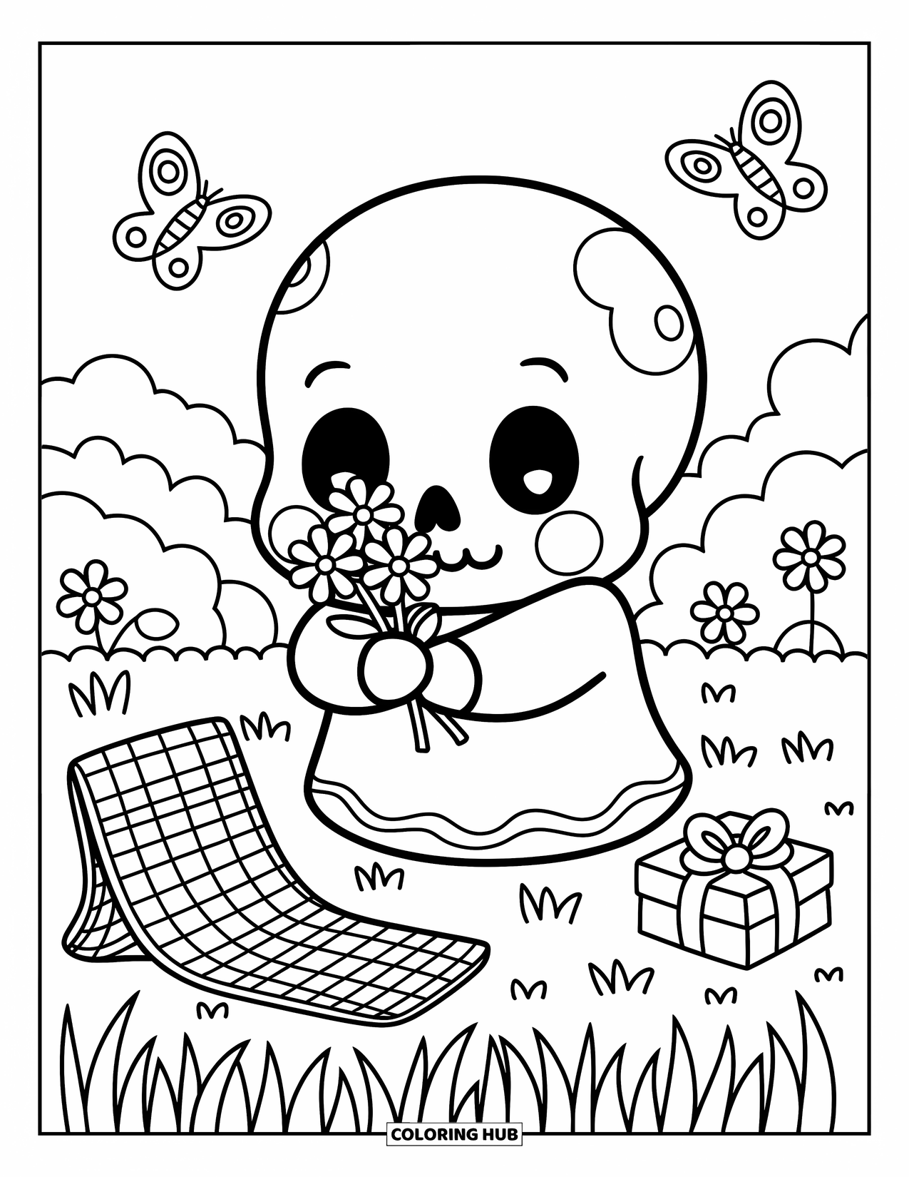 Skull Coloring Page for Adults: A shy skull hides behind flowers while butterflies flutter near a tiny picnic scene